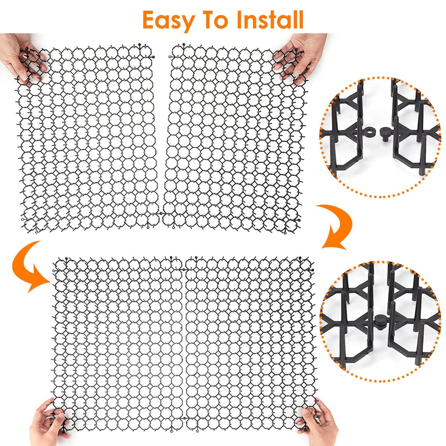 Two mat panels being connected by hand with close-up of snap-in connector pegs