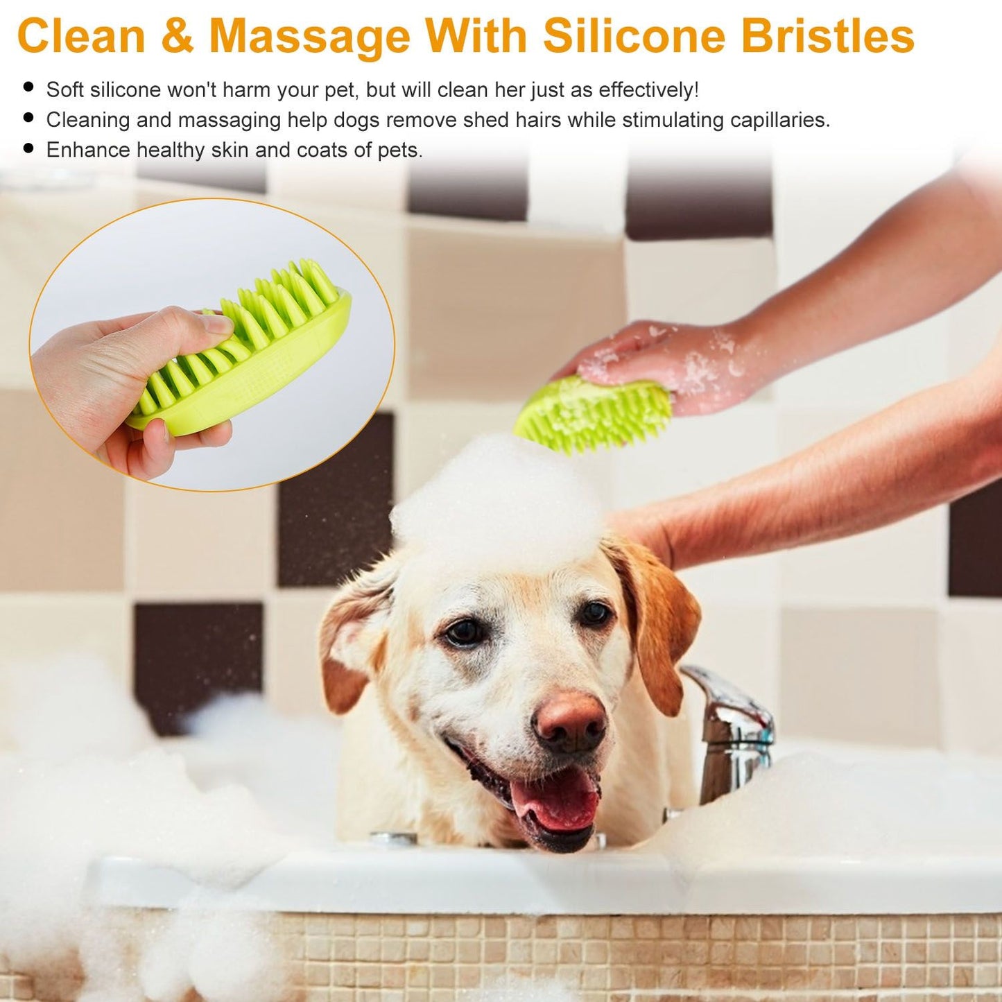 Hand-held green silicone bath brush used with soap to clean and massage a pet in a tub