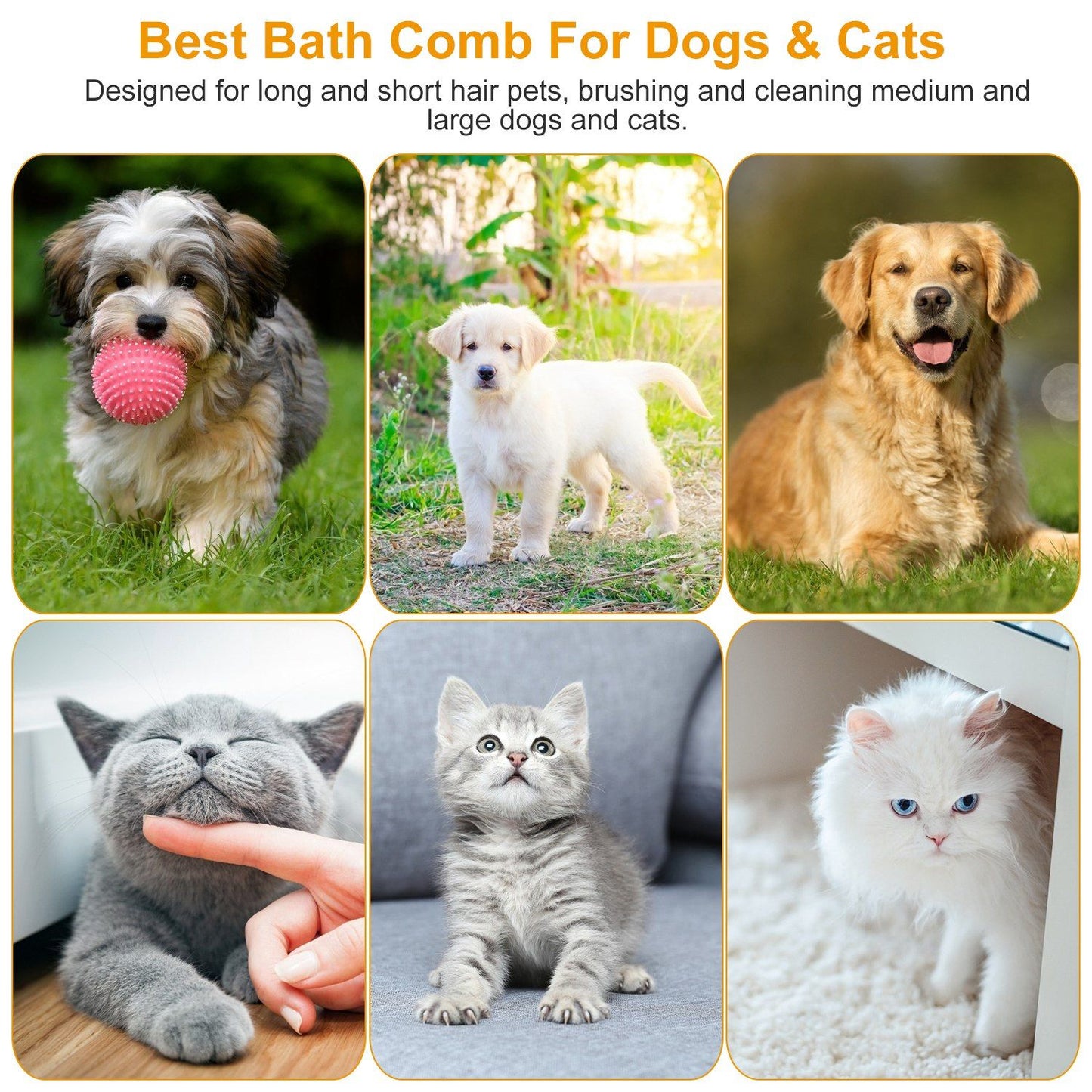 Collage of dogs and cats illustrating suitability of the bath brush for different breeds and coat lengths
