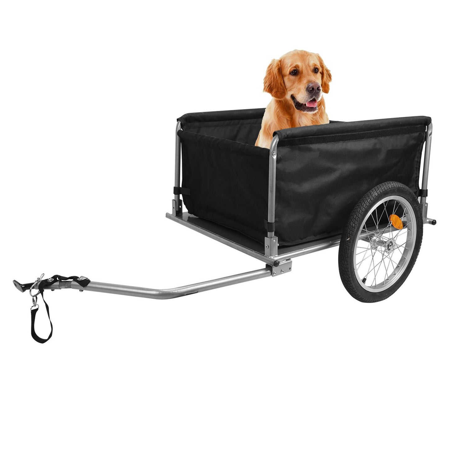 Three-quarter view of two-wheel foldable bicycle cargo trailer with extended tow arm and fabric cargo bin