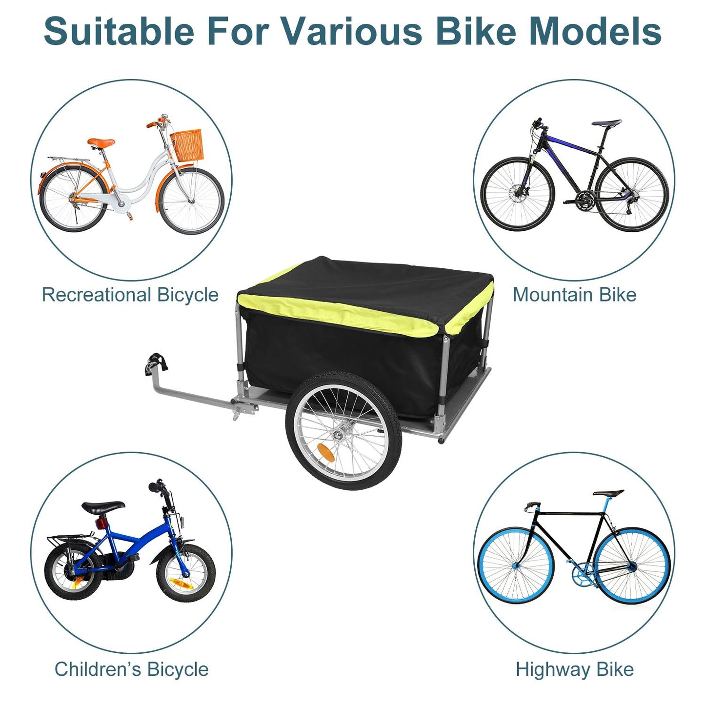 Cargo trailer shown with icons for recreational, mountain, children and highway bicycles to show compatibility