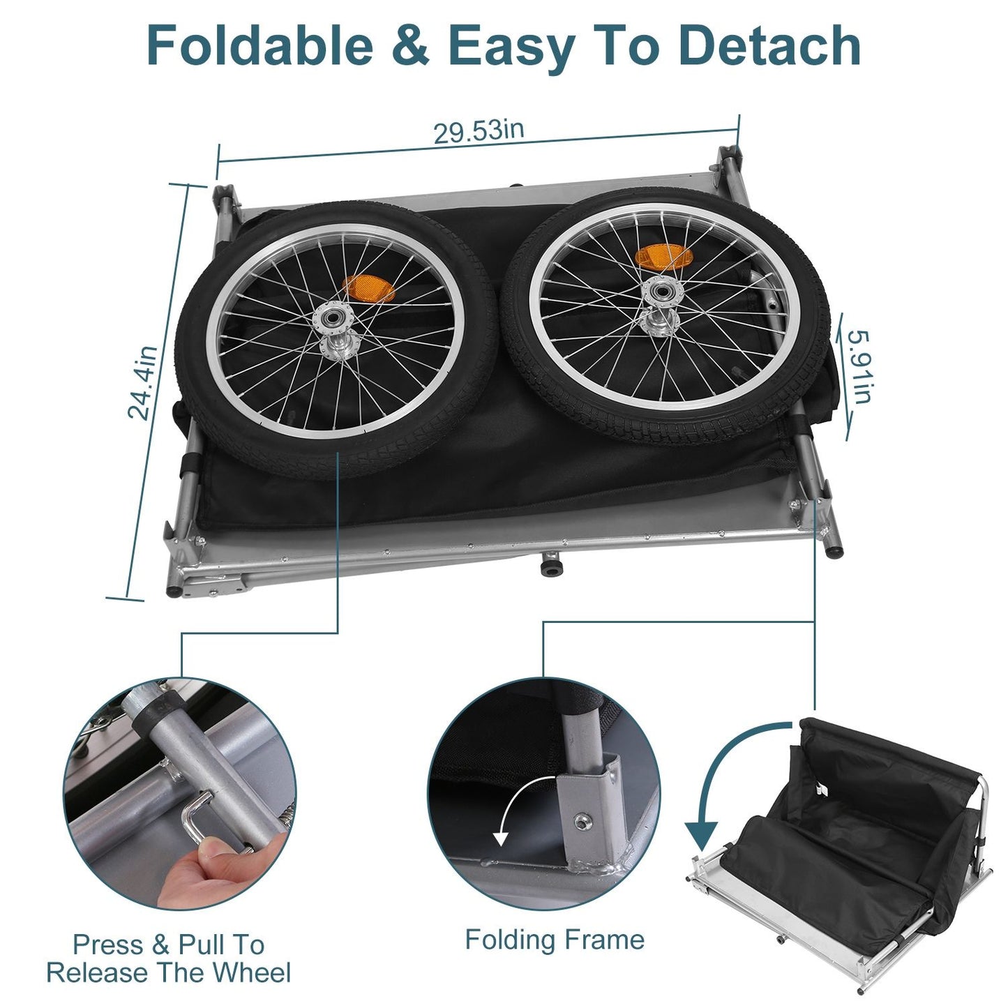 Folded trailer chassis with wheels on top and callouts for release hooks and folding frame