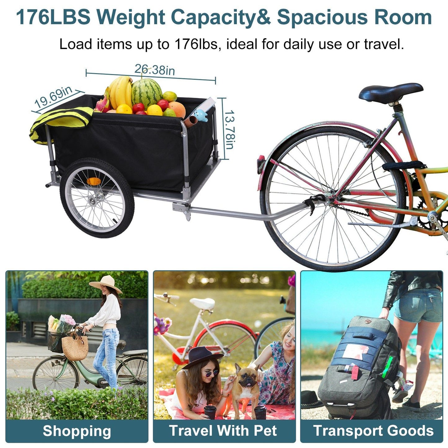 Cargo trailer hitched to bike with produce, showing 176lbs capacity and lifestyle use icons