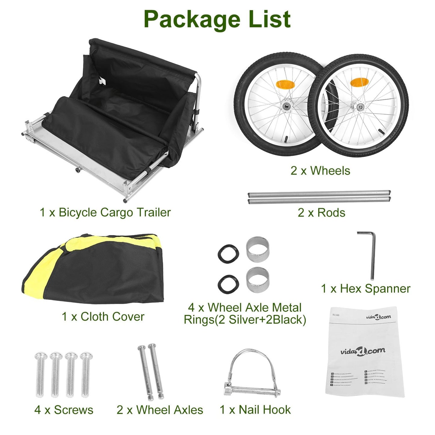 Flat-lay of package contents including folded trailer, two wheels, cloth cover, tools and hardware