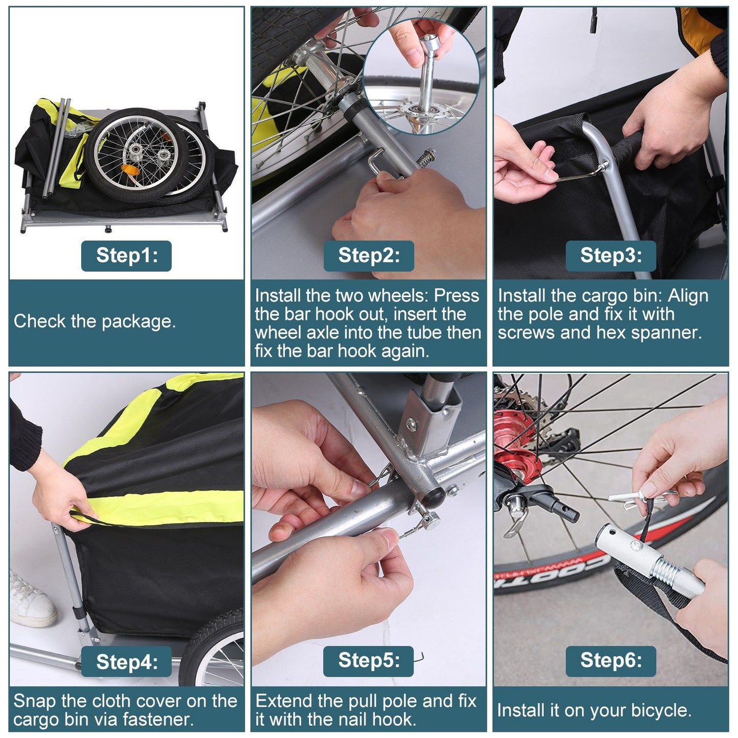 Six-step assembly guide showing wheel install, bin mounting and hitch attachment