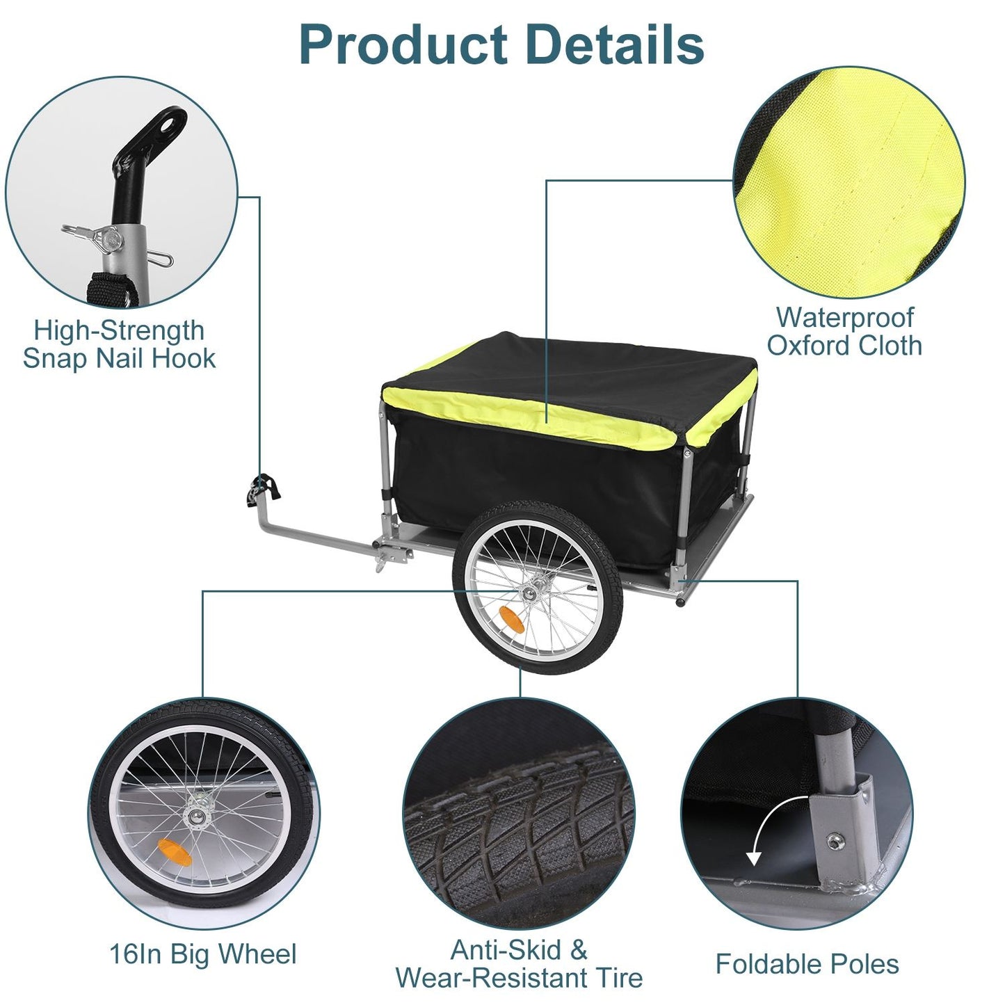 Collage highlighting waterproof fabric, snap nail hook, 16in wheel, anti-skid tire and foldable poles
