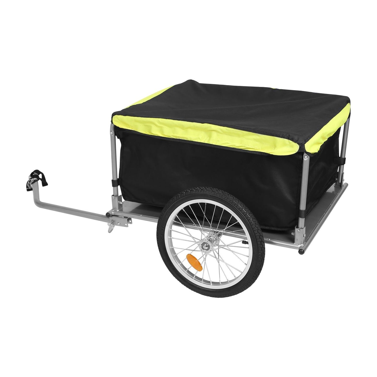 Side view of covered bicycle cargo trailer with neon trim and spoked wheel