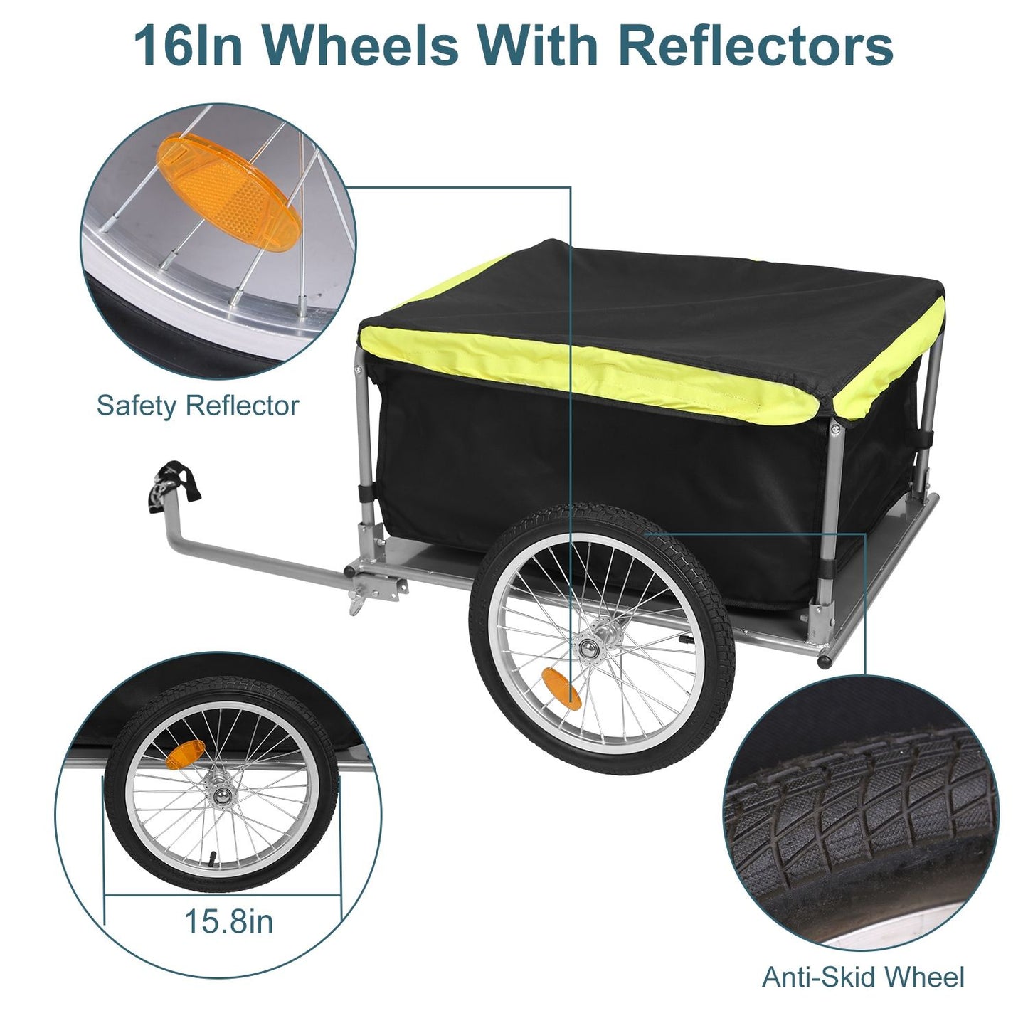 Close-up of 16in spoked wheel showing anti-skid tire tread and orange reflector