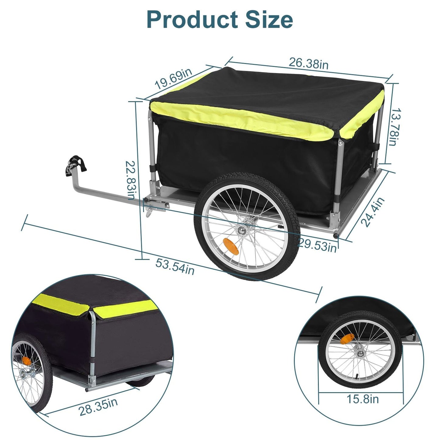 Dimension diagram of foldable bicycle cargo trailer with labeled bin and overall measurements