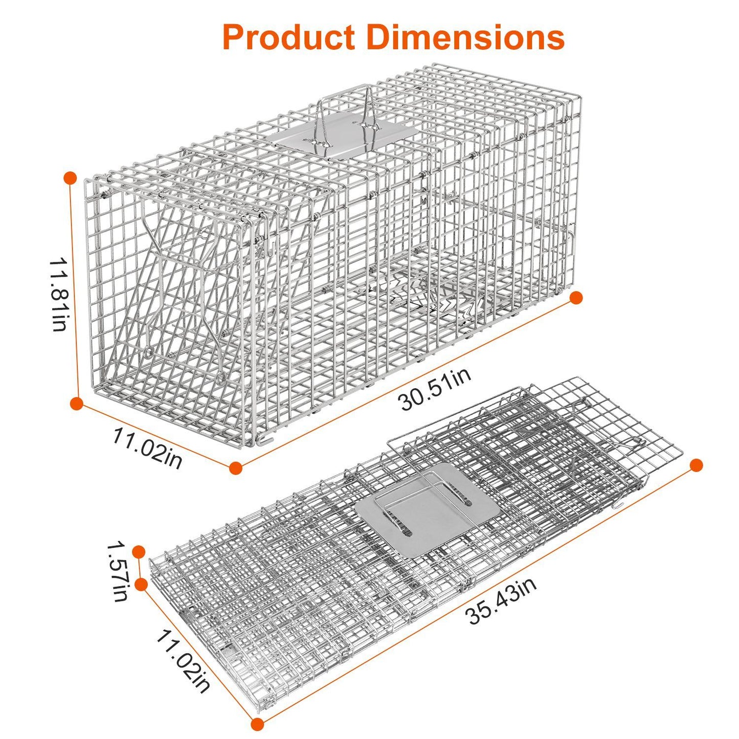 Dimension diagram of galvanized collapsible trap showing extended and folded measurements