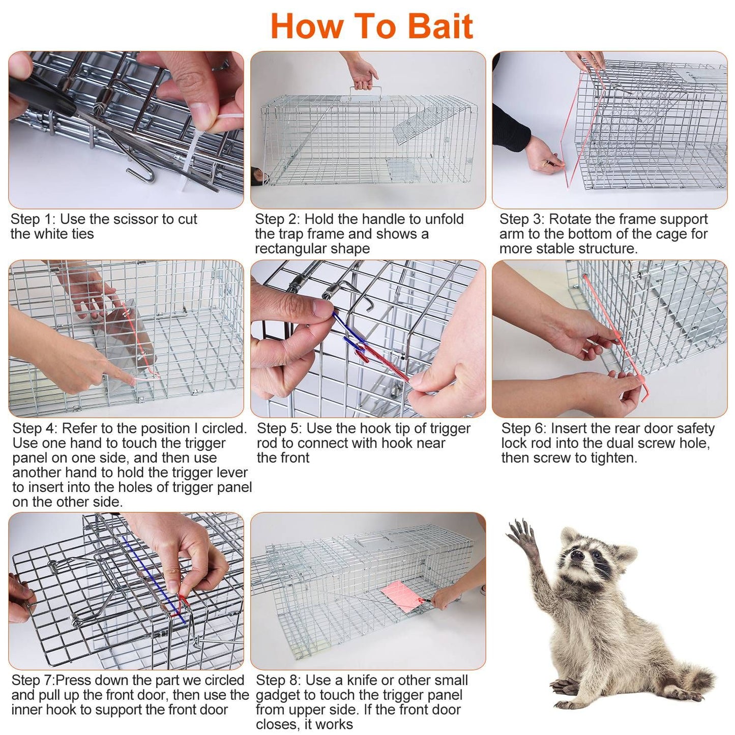 Step-by-step photos demonstrating unfolding assembling and setting the trap trigger and lock rod