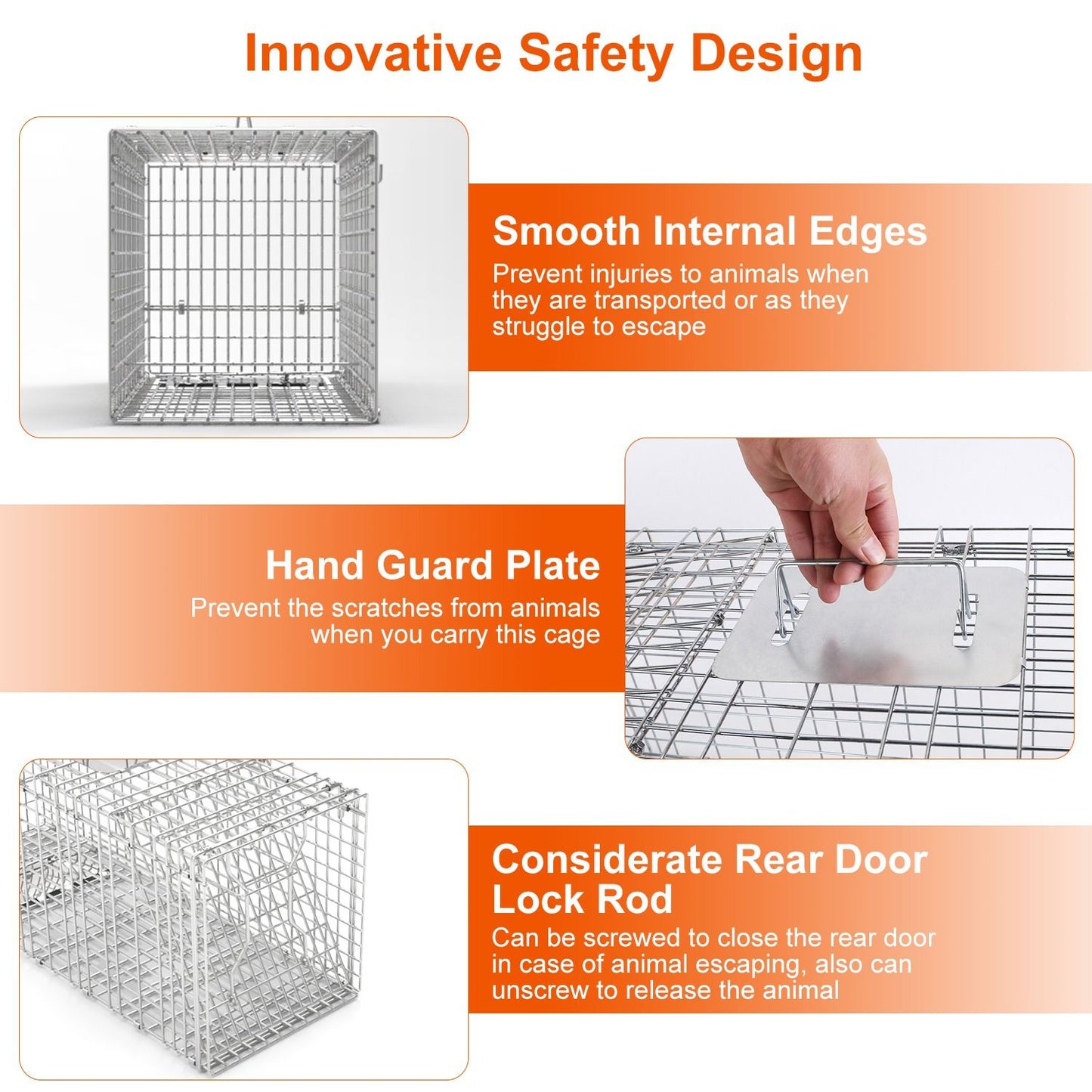 Safety design close-ups showing smooth internal edges hand guard plate and rear door lock rod