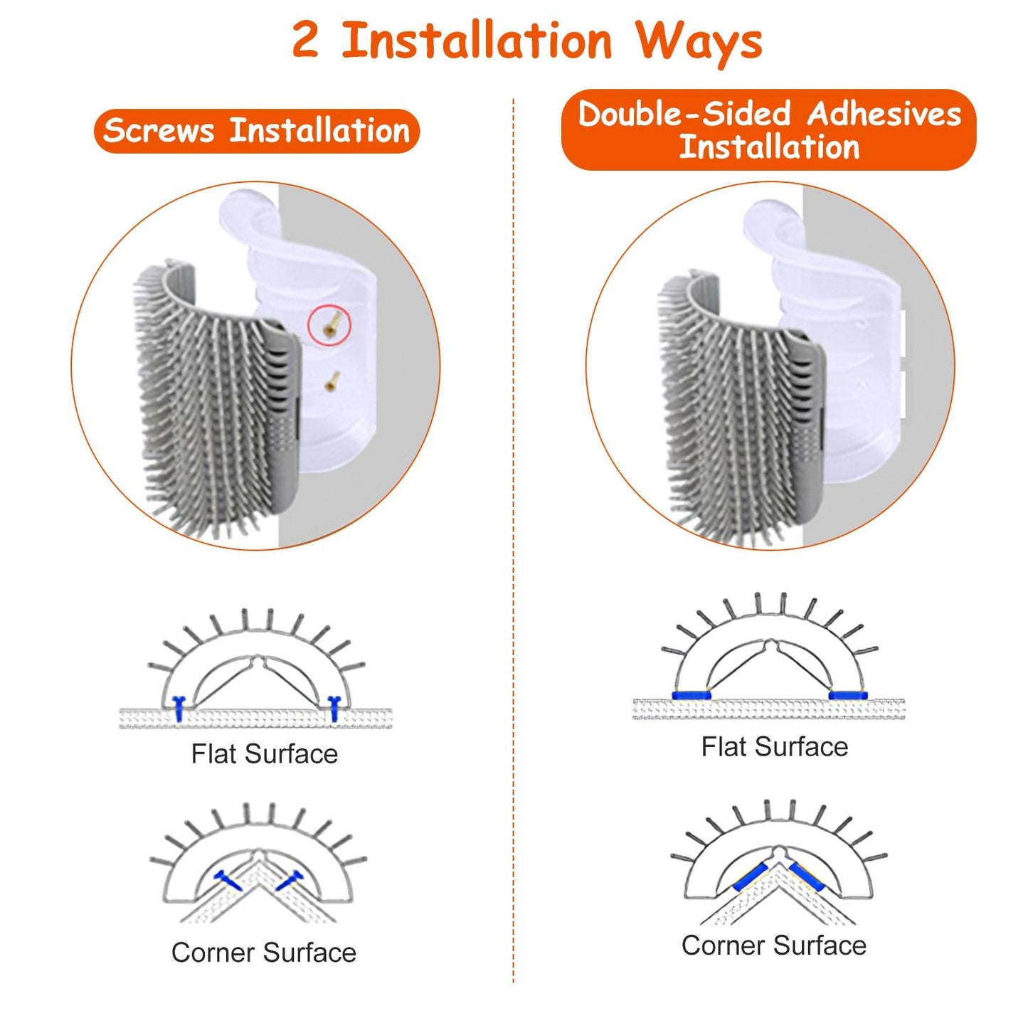 Diagram of screws and double-sided tape installation for corner or flat mounting
