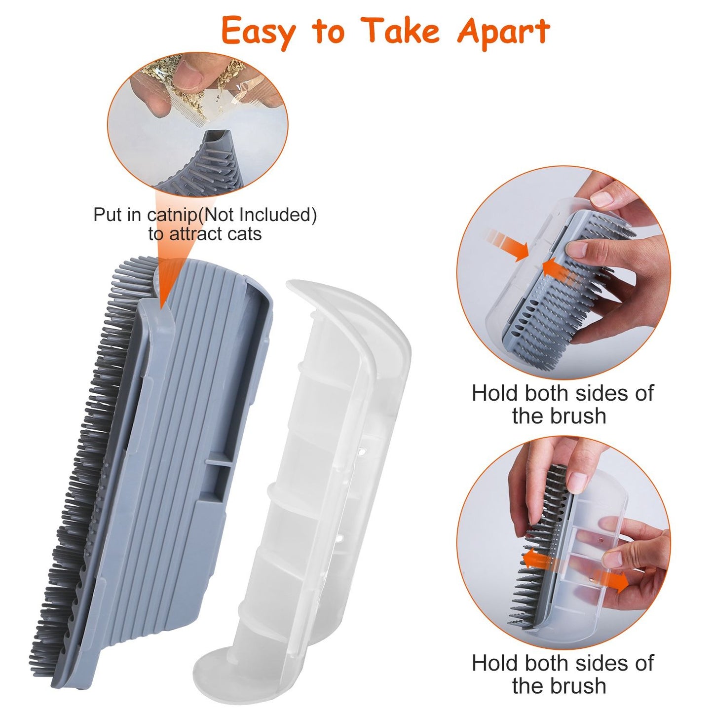Brush disassembly steps and catnip compartment with hands detaching the silicone brush