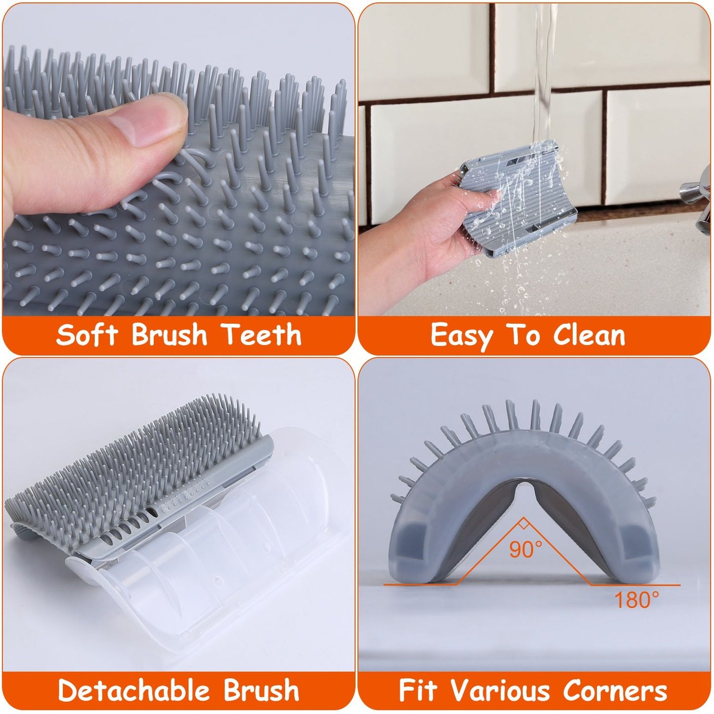 Close-up collage showing soft silicone bristles, washable surface, detachable brush
