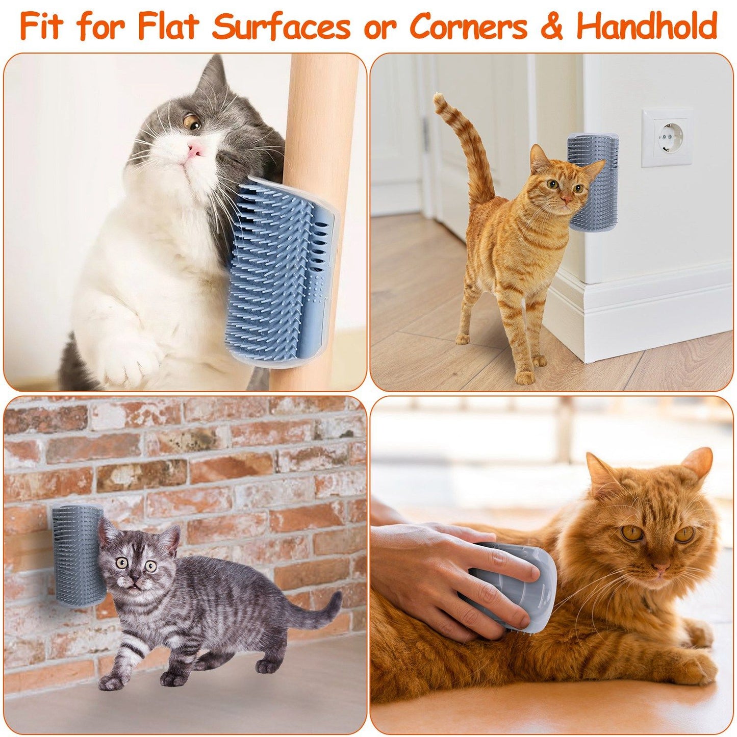 Collage of cats using mounted corner groomer on legs, walls and handheld grooming