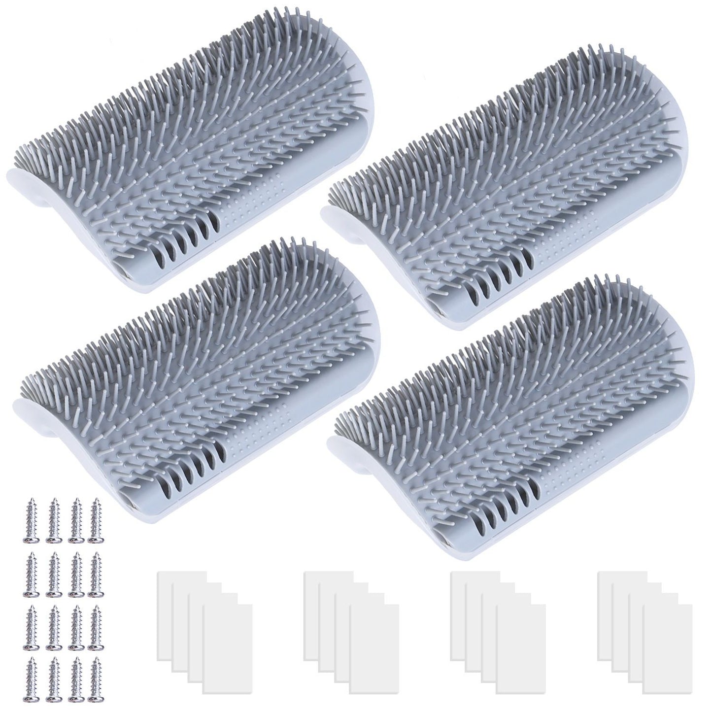 Four grey silicone cat self-groomers with screws and adhesive pads laid out