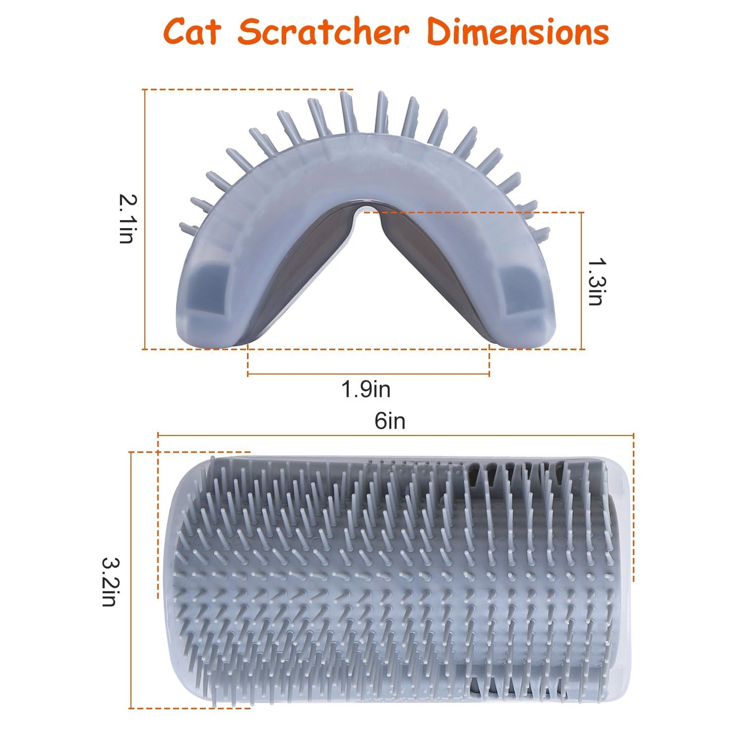 Dimension diagram of grey cat groomer showing 6in length and 3.2in width