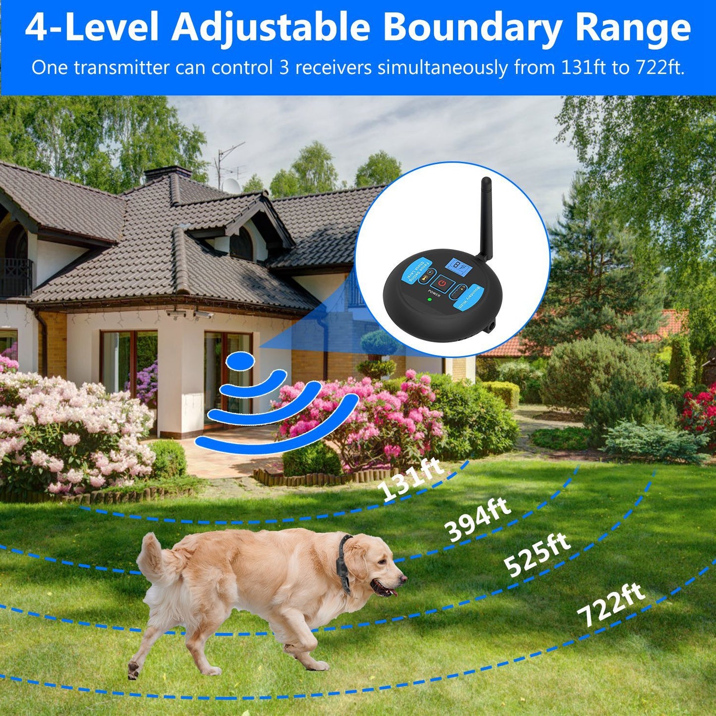 Graphic of a house with concentric range rings labeled 131ft to 722ft and dog wearing collar