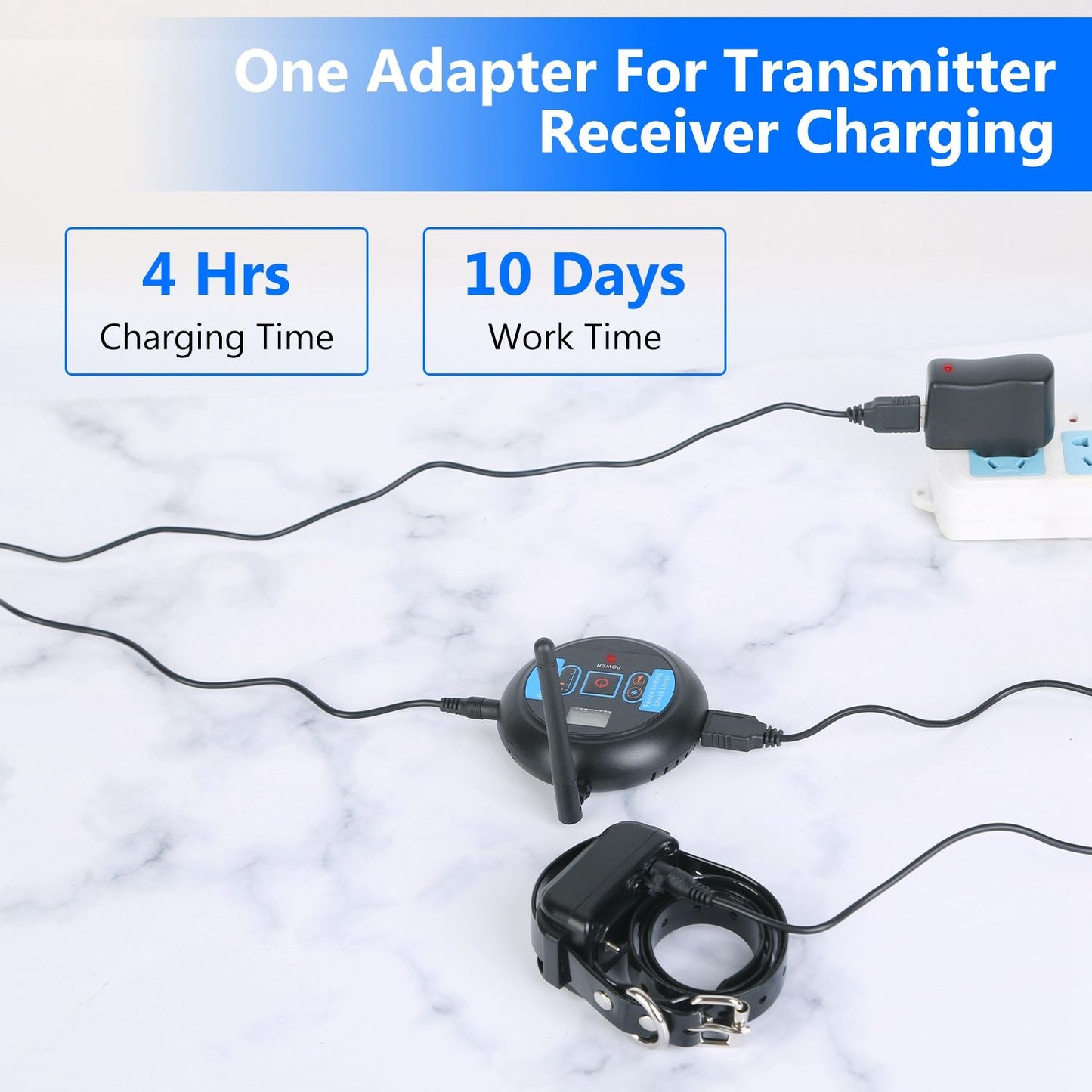 Transmitter and receiver connected to USB cables and adapter showing 4 hour charge and 10 day runtime