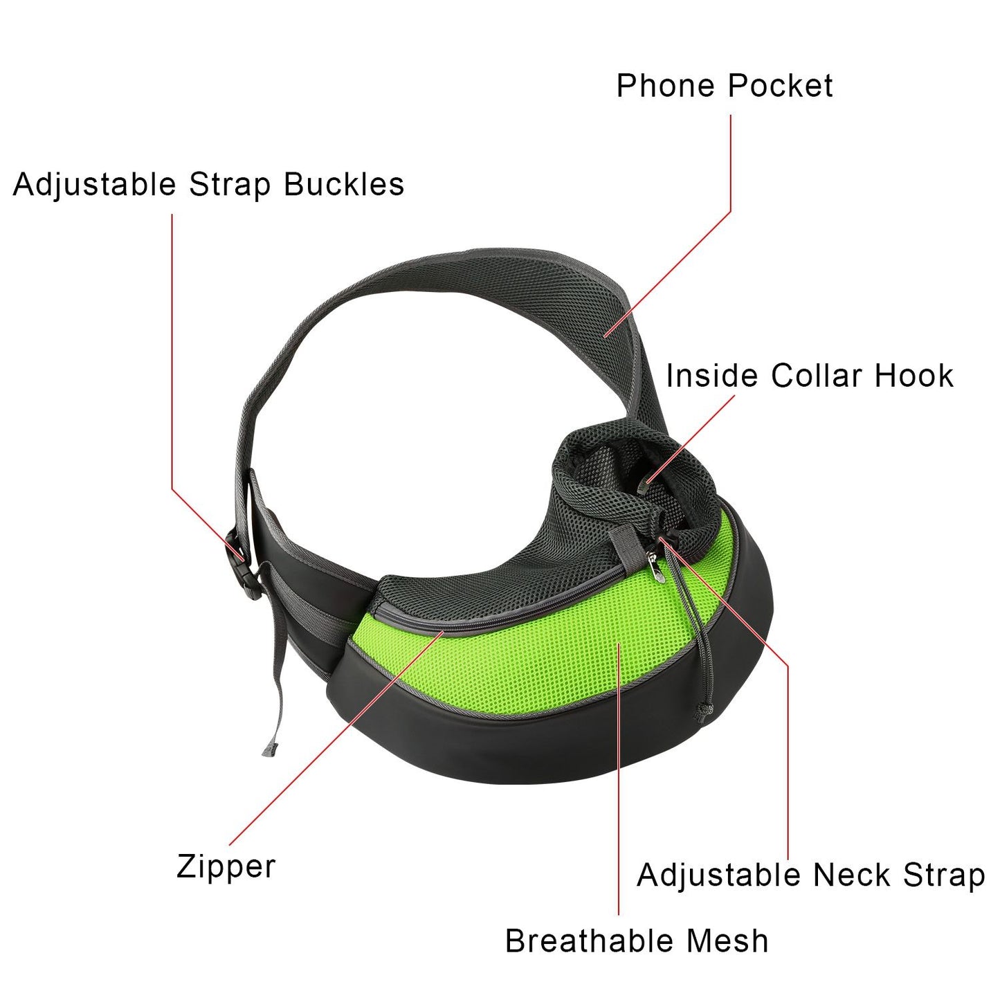 green sling showcasing soft padded bottom and wide cushioned shoulder strap