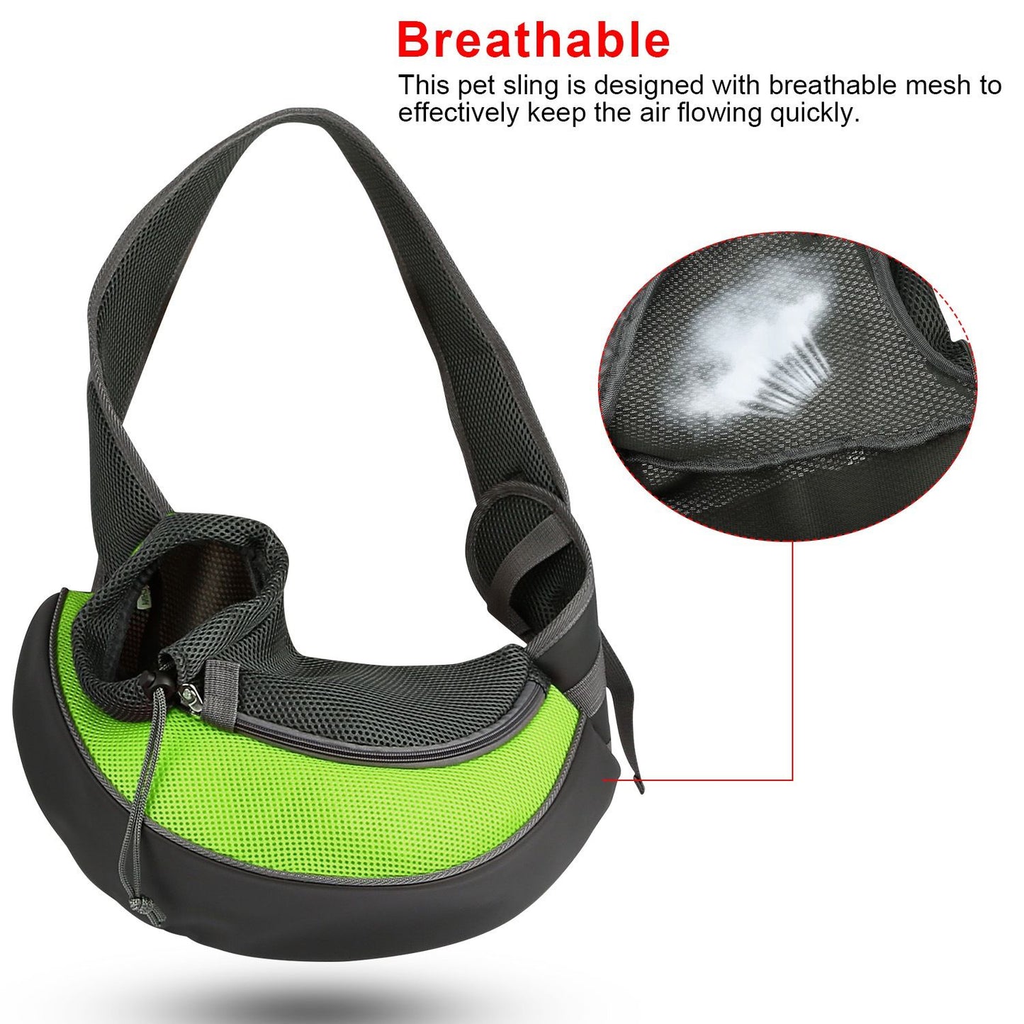 green breathable pet sling with padded base and zipper pocket