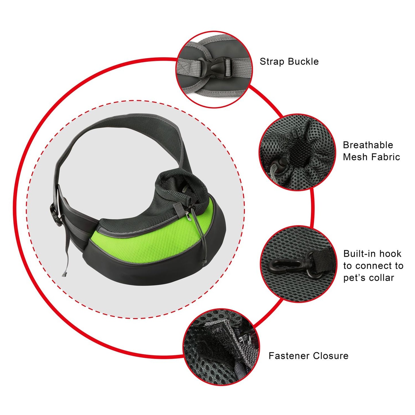 lime green pet sling showing breathable mesh drawstring and zipper opening