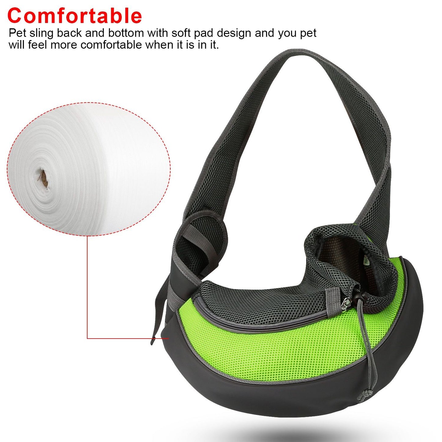 green sling showing labeled phone pocket collar hook adjustable neck strap and zipper