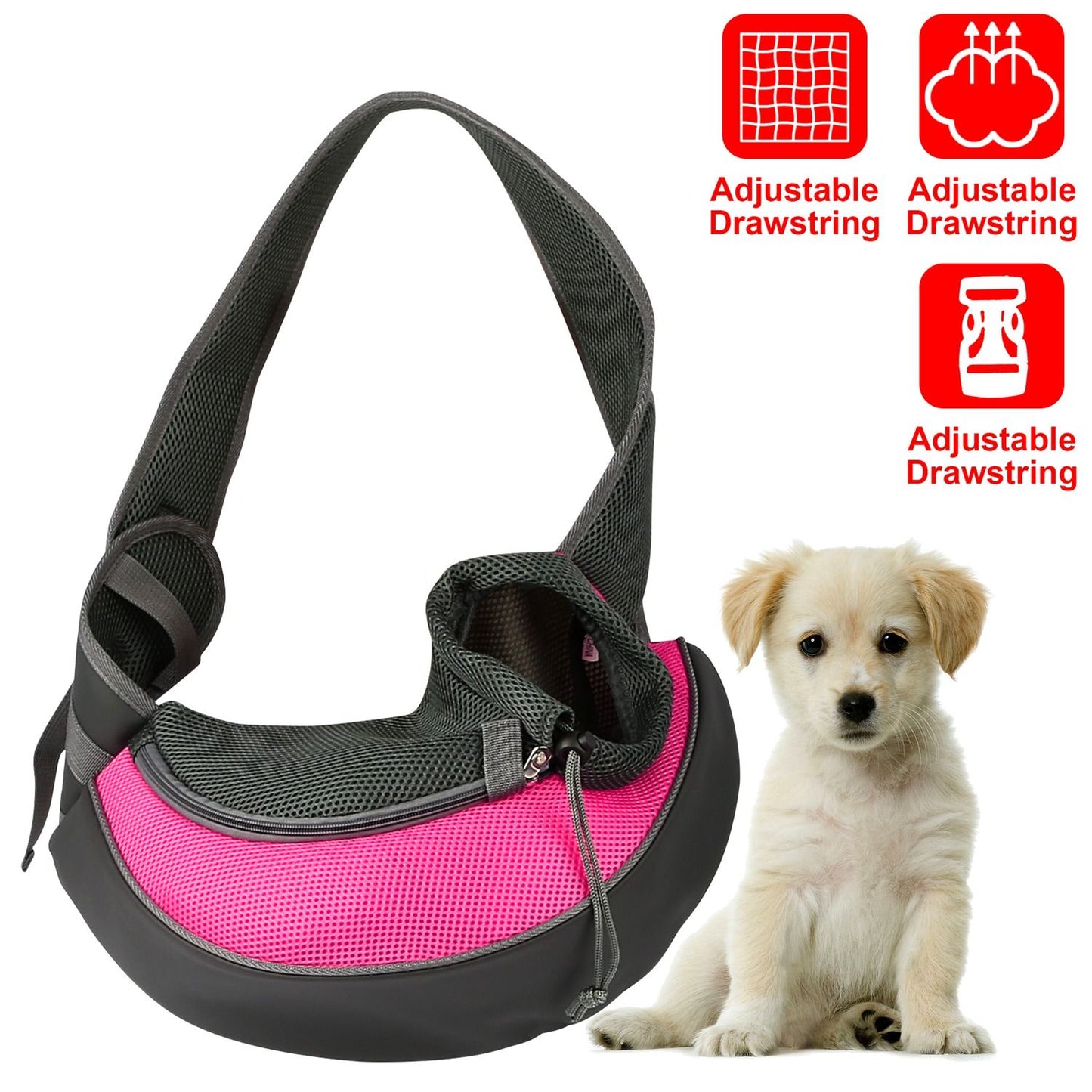 pink breathable pet sling carrier with padded strap and drawstring neck closure