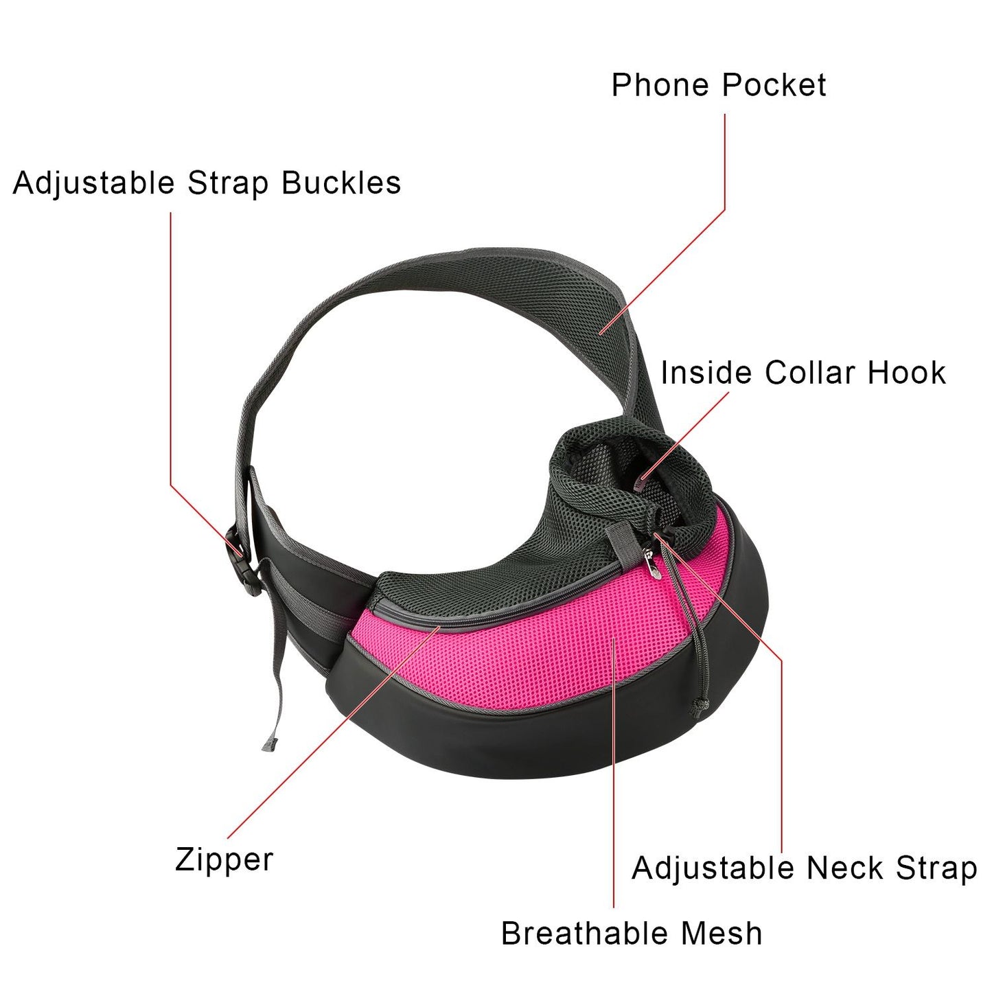 pet sling carrier with labeled pockets collar hook and adjustable strap
