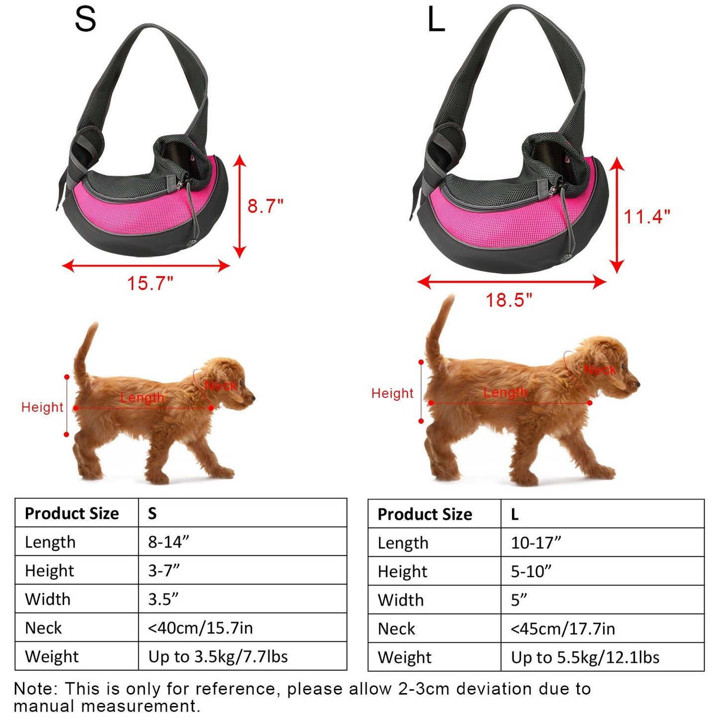size chart graphic for small and large pet sling carriers with dimensions and weight limits