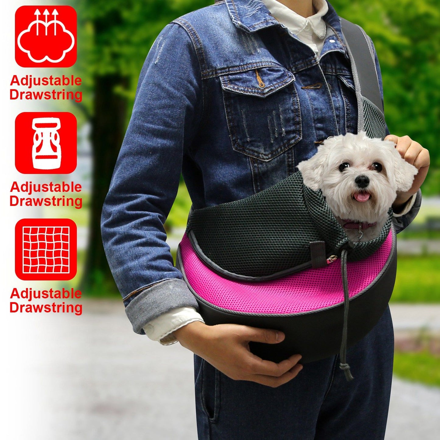 person wearing pink pet sling carrier with small dog held at chest