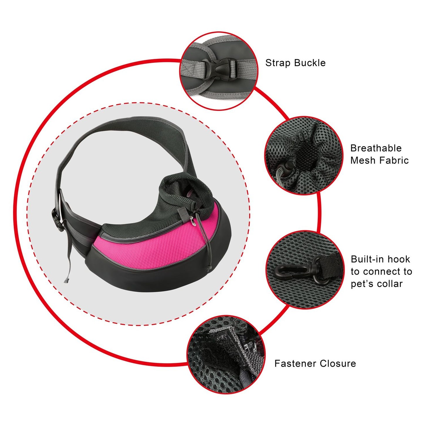 detailed component callouts of strap buckle mesh hook and fastener on carrier