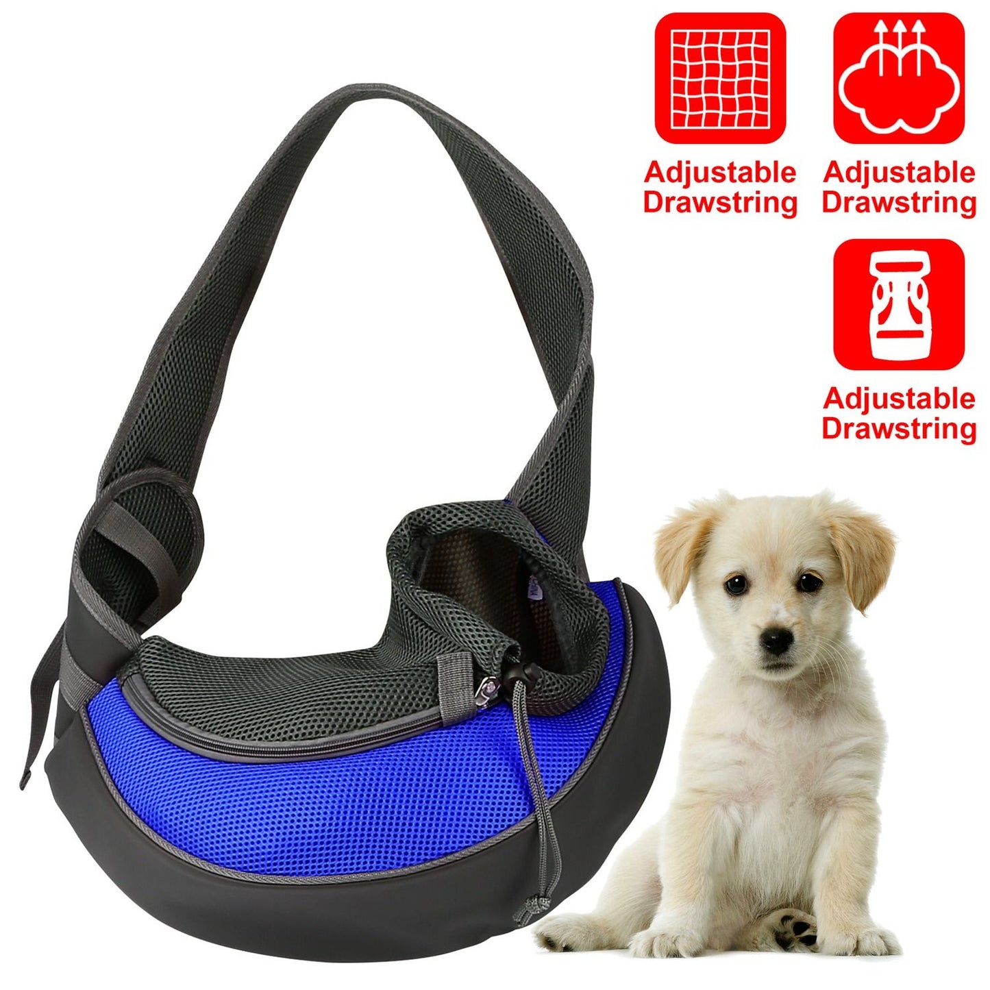 blue breathable pet sling with padded shoulder strap and black base
