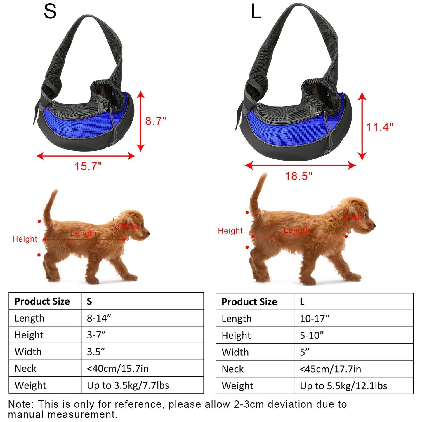blue carrier size comparison graphic with dimensions and weight recommendations