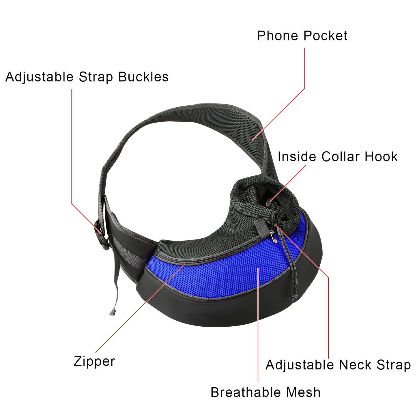 blue pet sling with labels for phone pocket collar hook and zipper