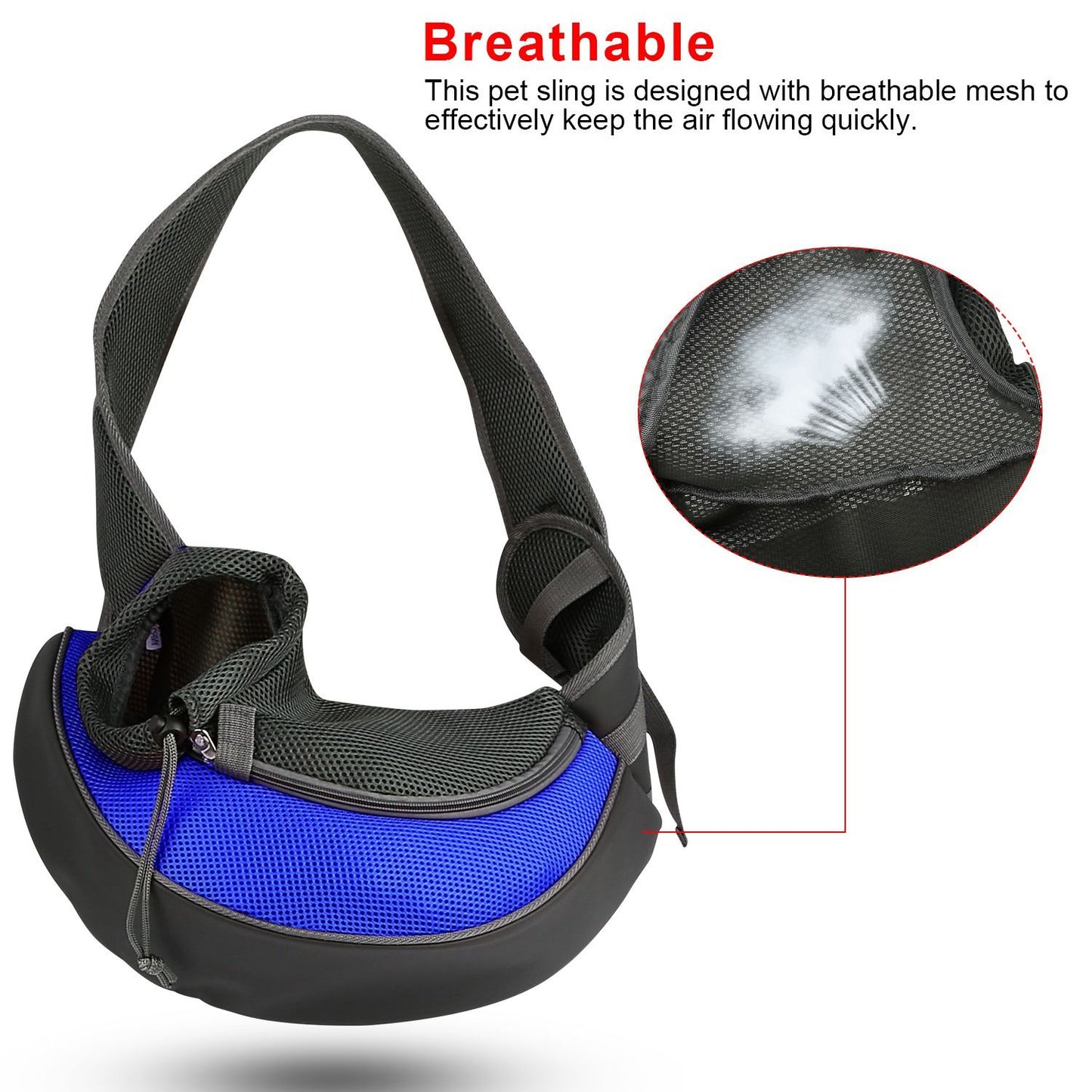 blue sling close-up showing breathable mesh cushioning and drawstring neck closure