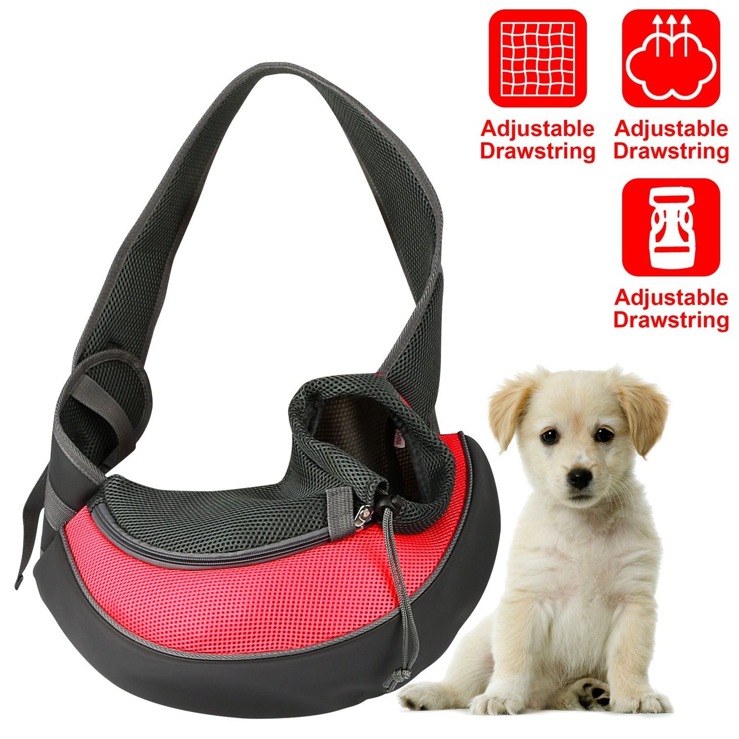 red breathable pet sling with padded strap and cinch drawstring neck