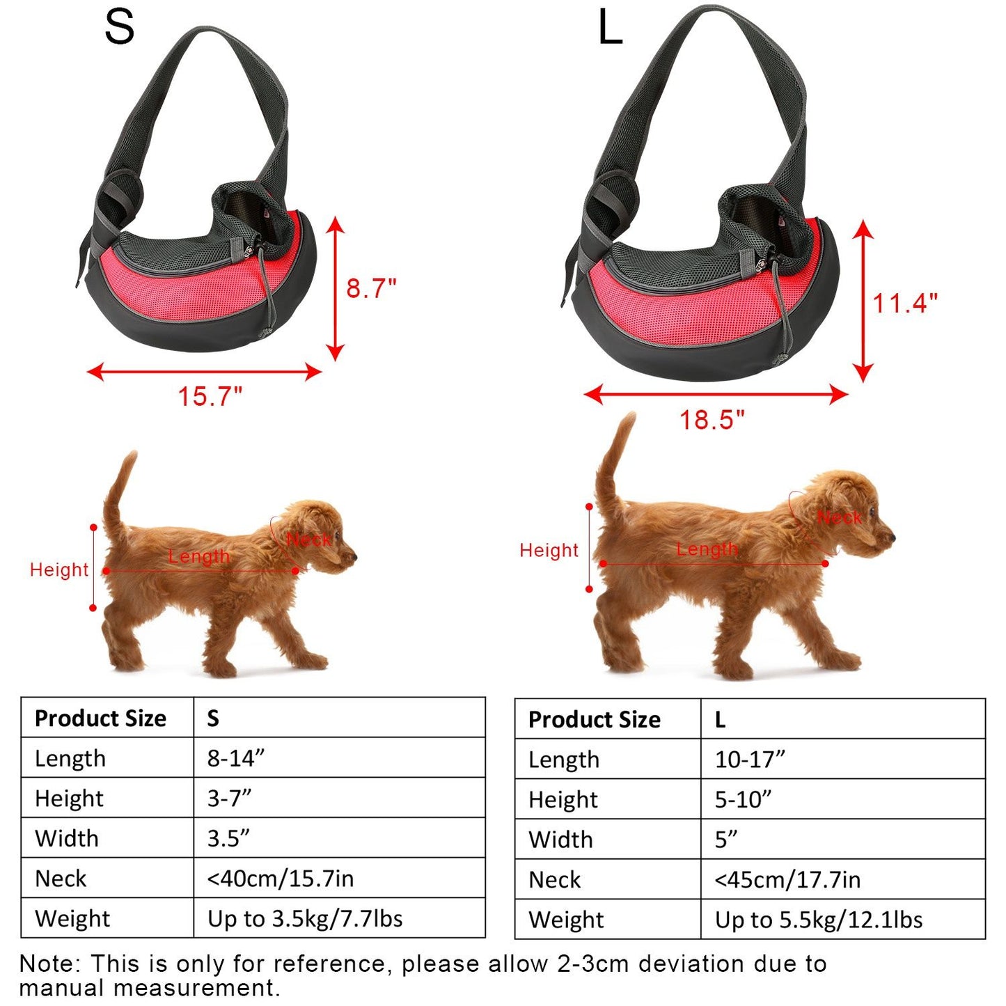 red carrier sizing graphic with measurements and pet weight limits