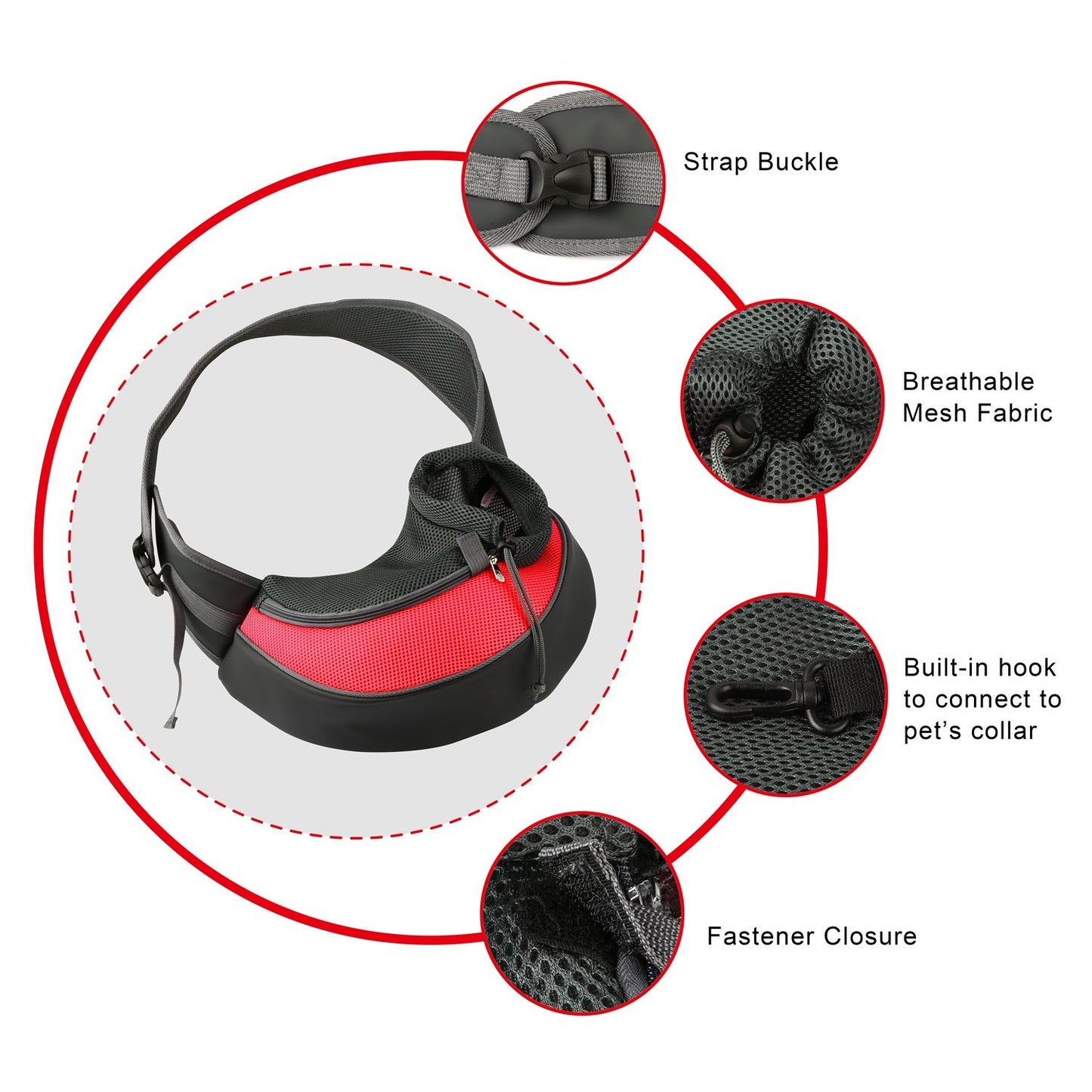 red sling component callouts showing buckle mesh hook and fastener