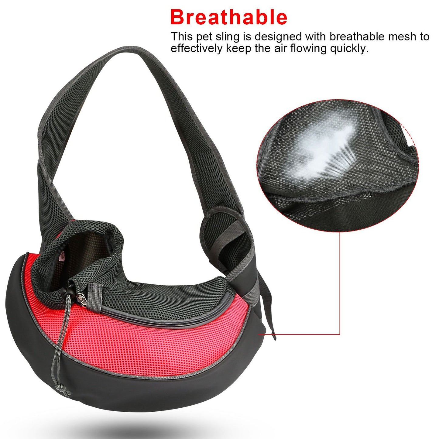 red sling close-up showing mesh fabric airflow and front zipper
