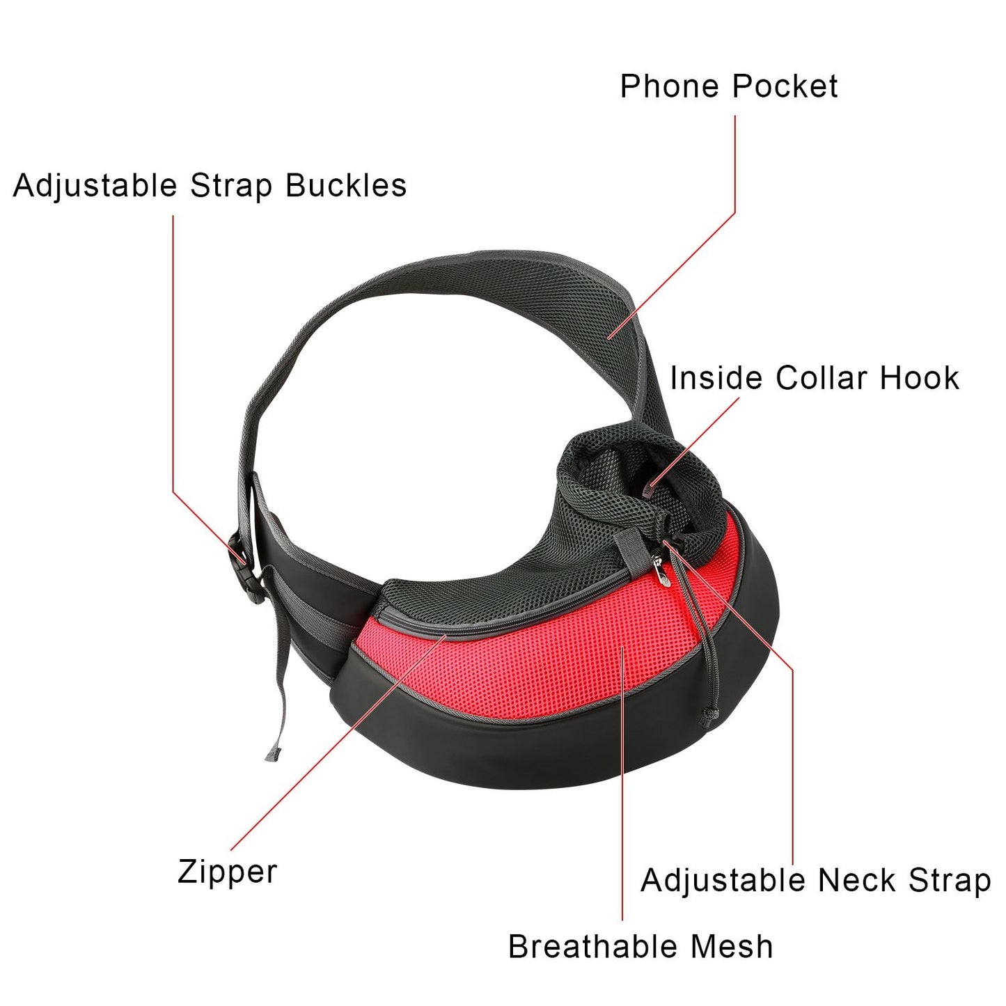 red pet sling with labeled adjustable buckles phone pocket and collar hook
