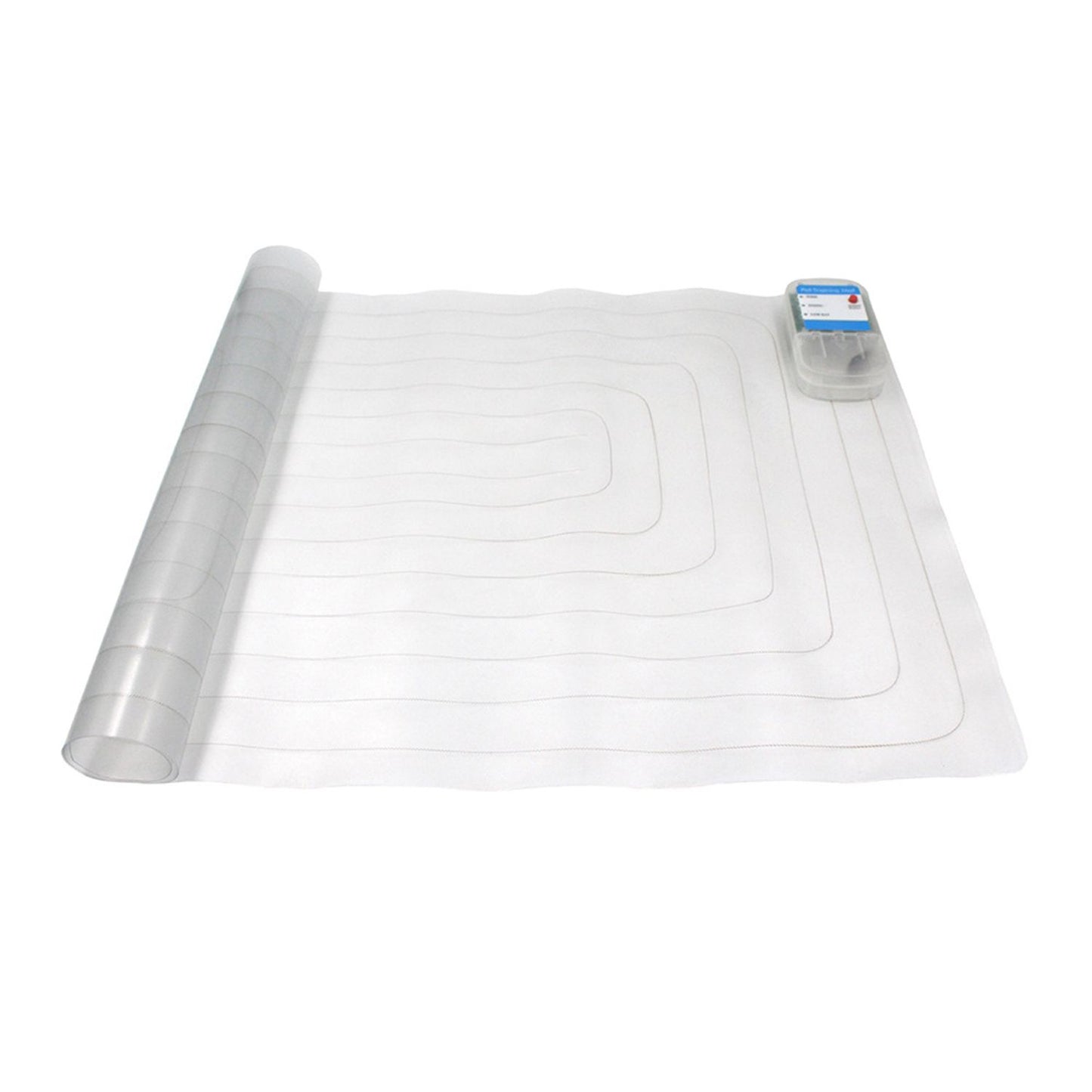 Transparent rollable pet training mat with visible copper traces and a detachable controller on a white background