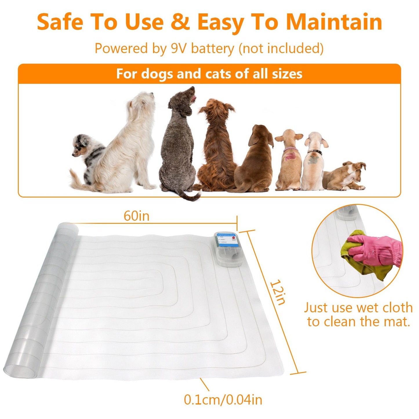 60x12in transparent training mat laid flat with dimensions and cleaning suggestion, thin 0.04in PVC