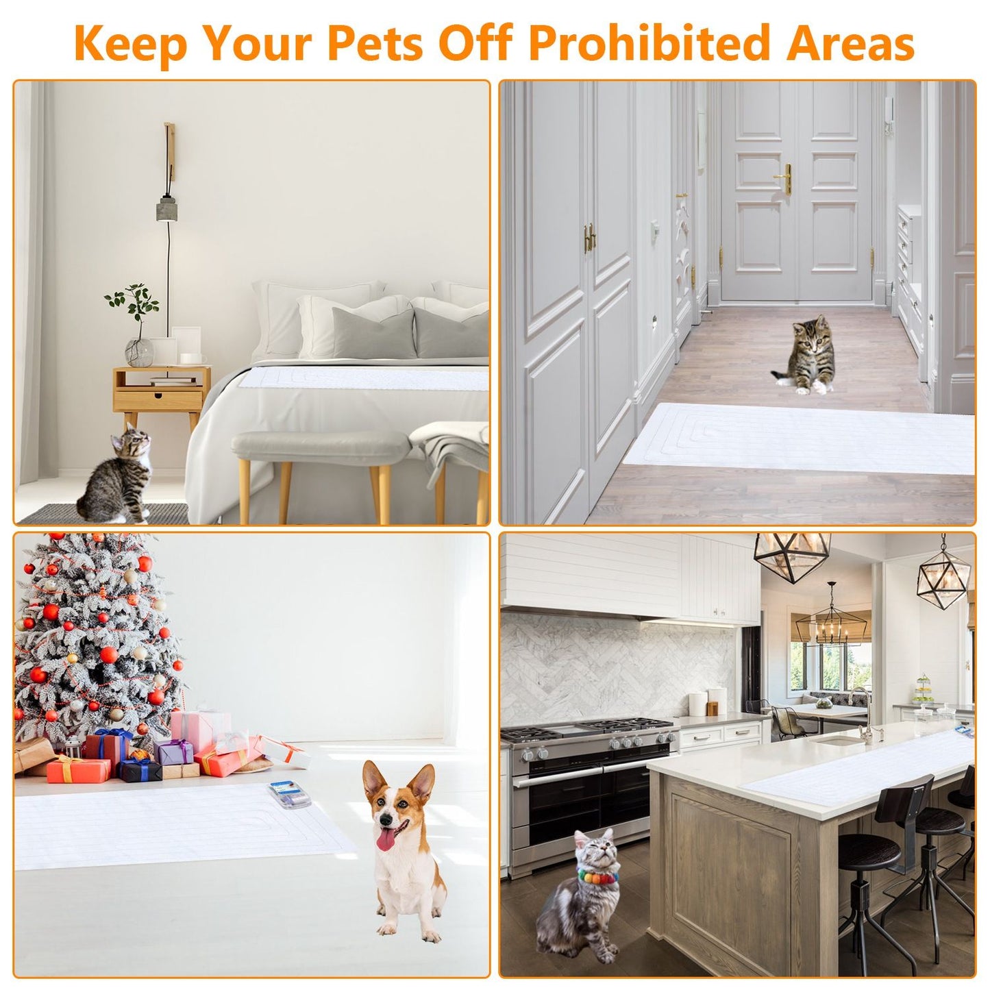 Four-scene collage showing the training mat used in bedroom, hallway, living room and kitchen to block pets