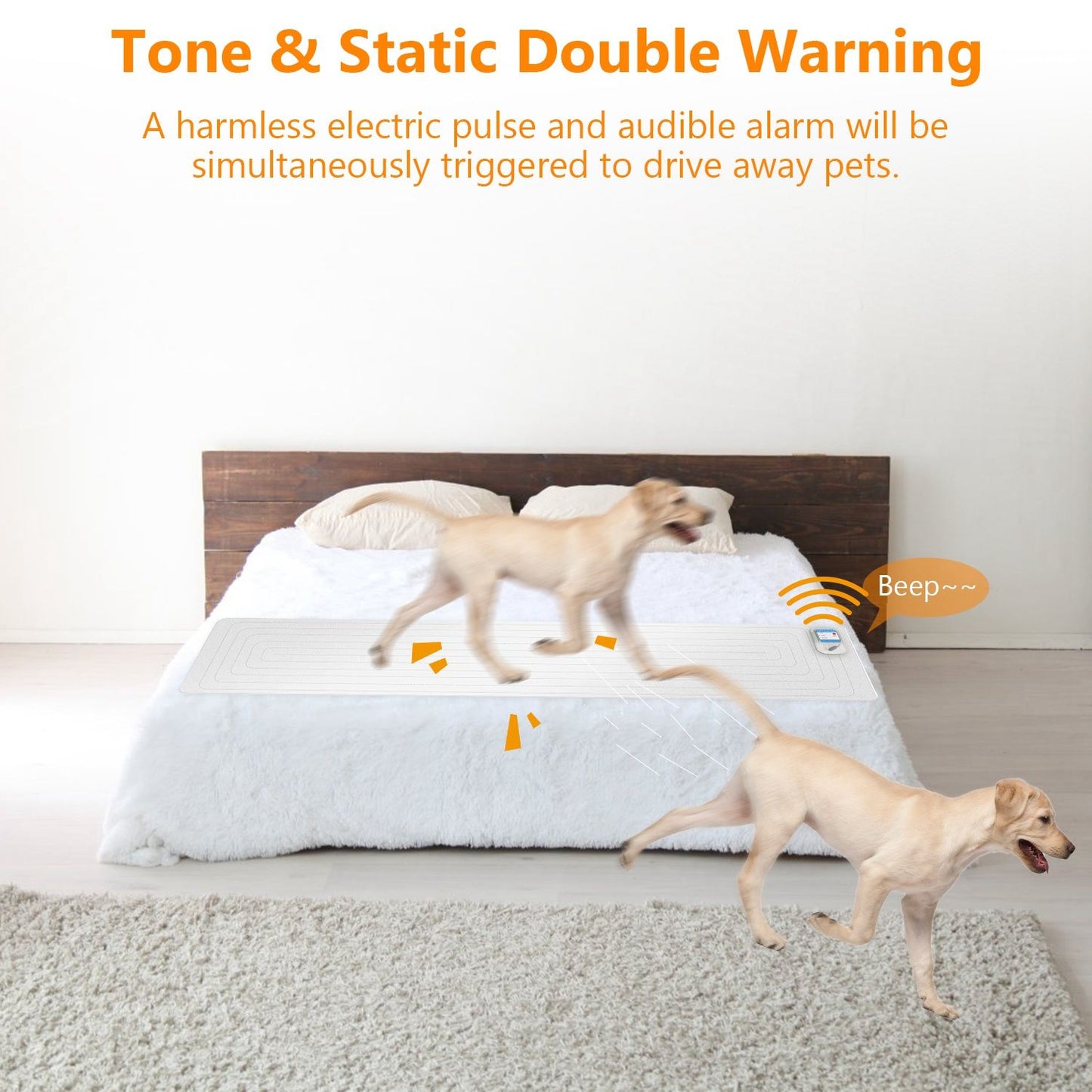 Dog stepping off bed after mat emits a beep, illustrating tone and static training mode