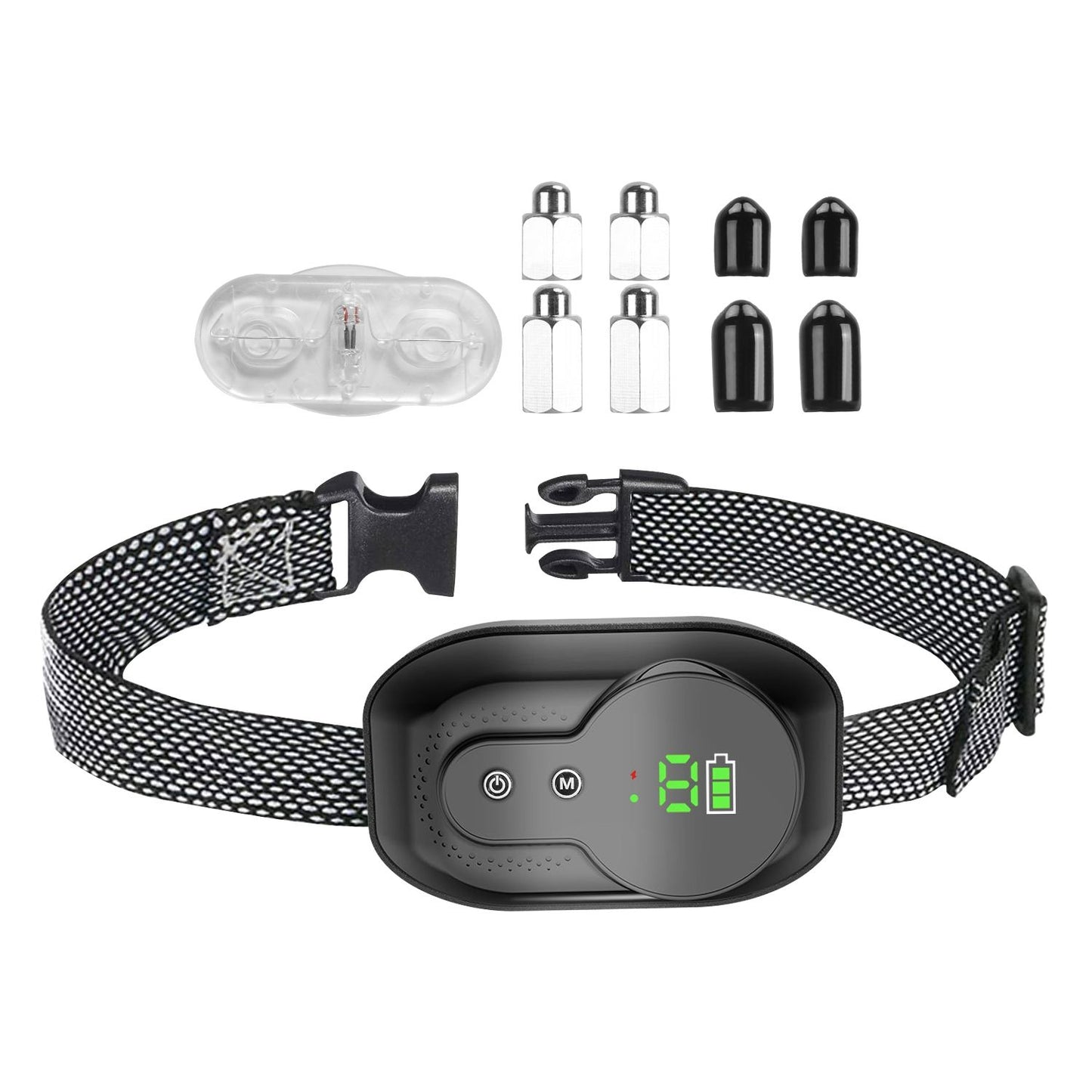Complete kit laid out: collar with strap, USB cable, four metal probes, four silicone caps and test lamp