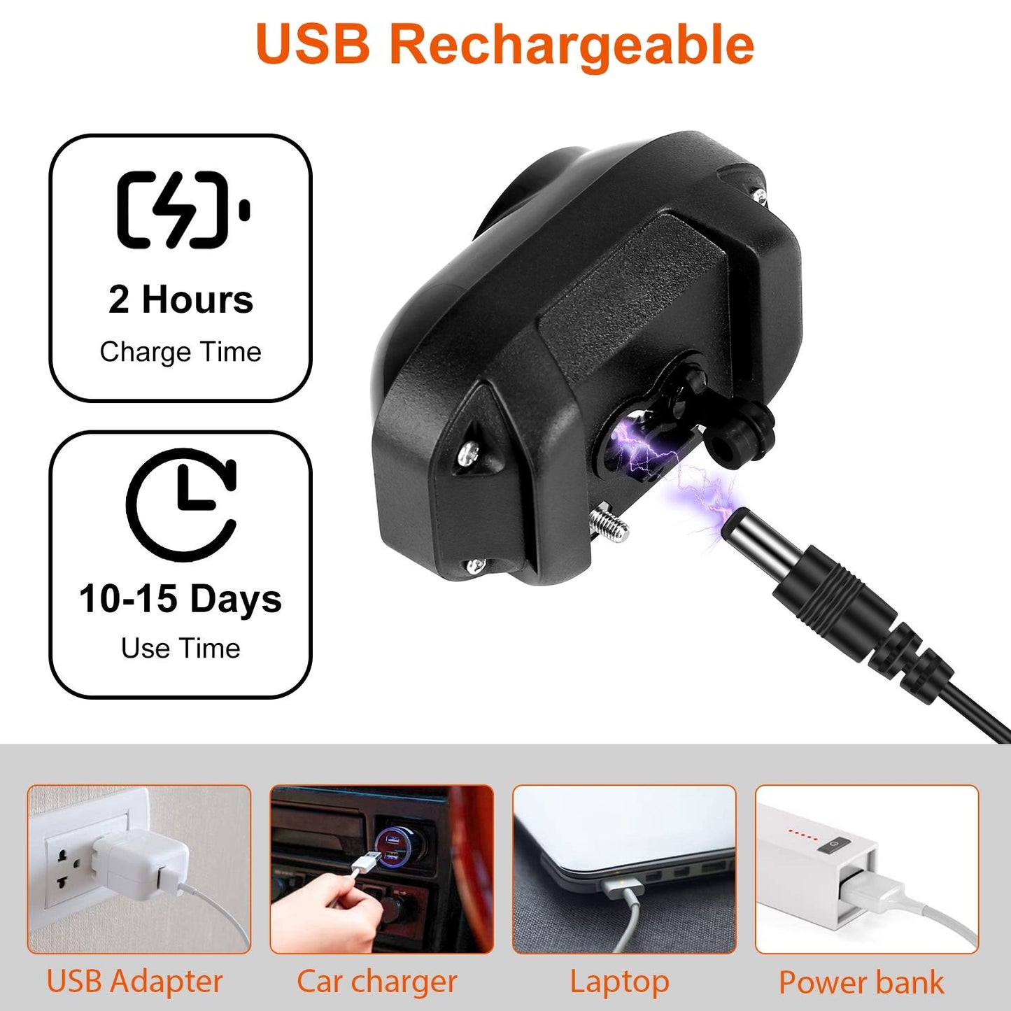 USB rechargeable bark collar showing charging port, 2 hour charge time and 10–15 day battery life