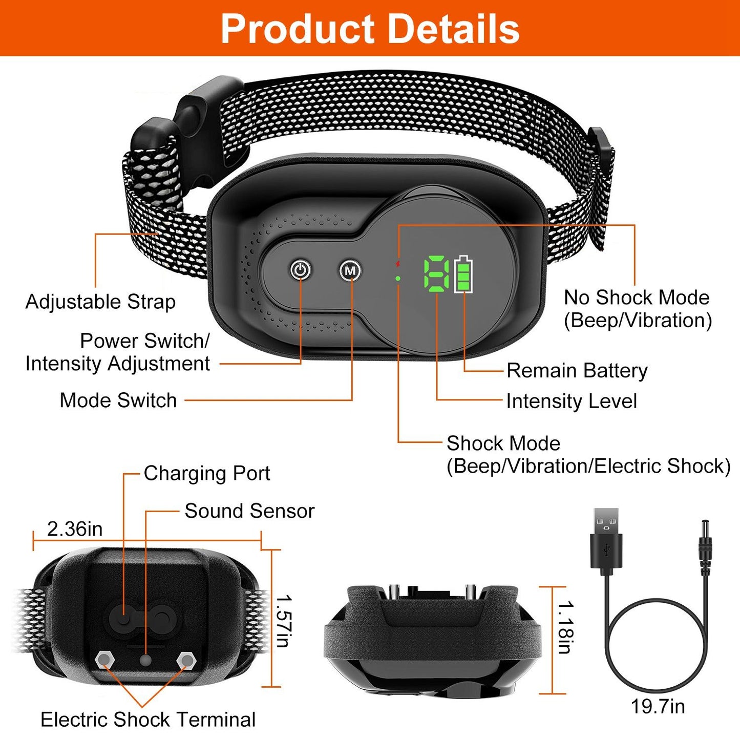 Diagram of bark collar showing power and mode buttons, LED intensity display, charging port, sound sensor and probe terminals