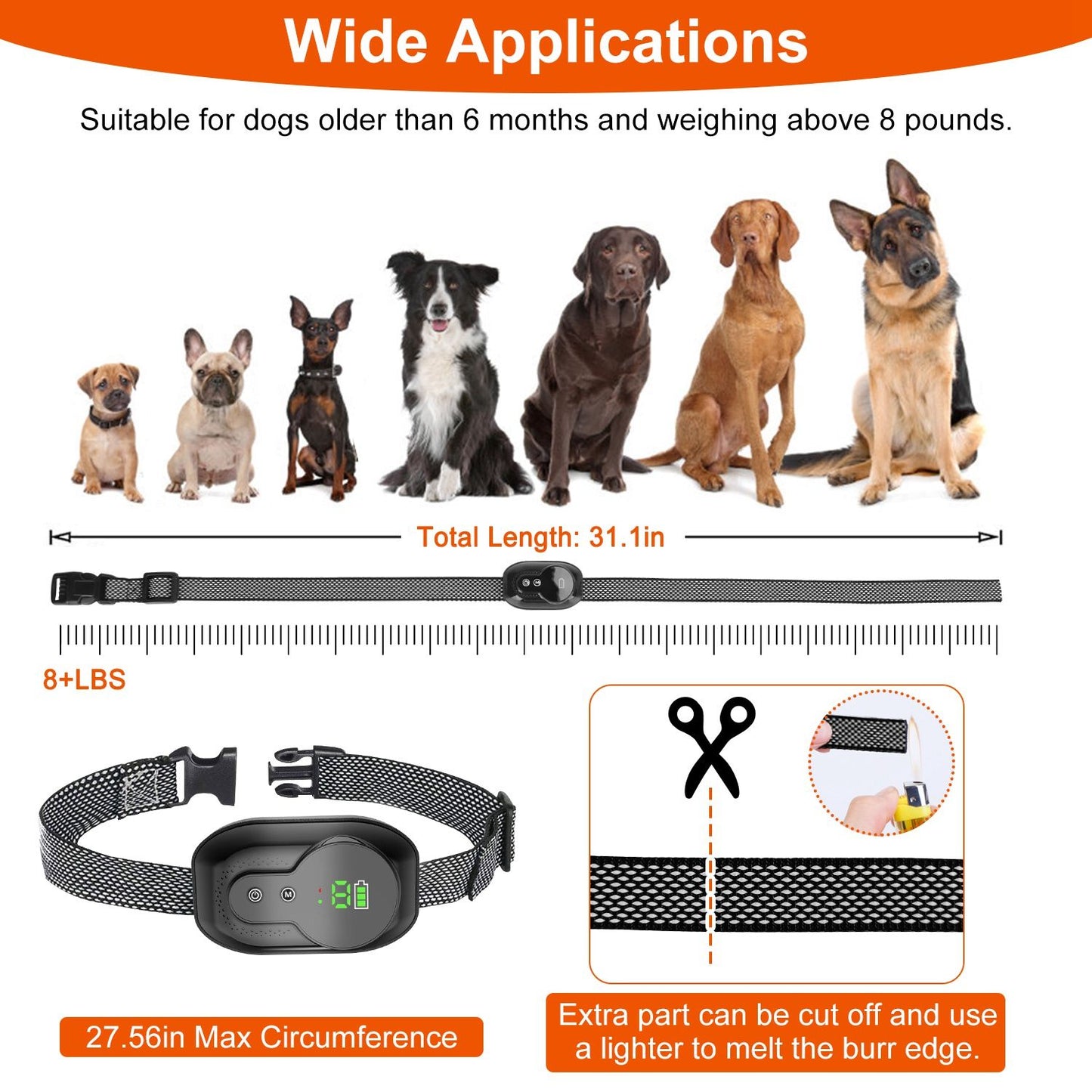 Collar application graphic showing adjustable strap length, max 27.56in circumference and suitable dog sizes